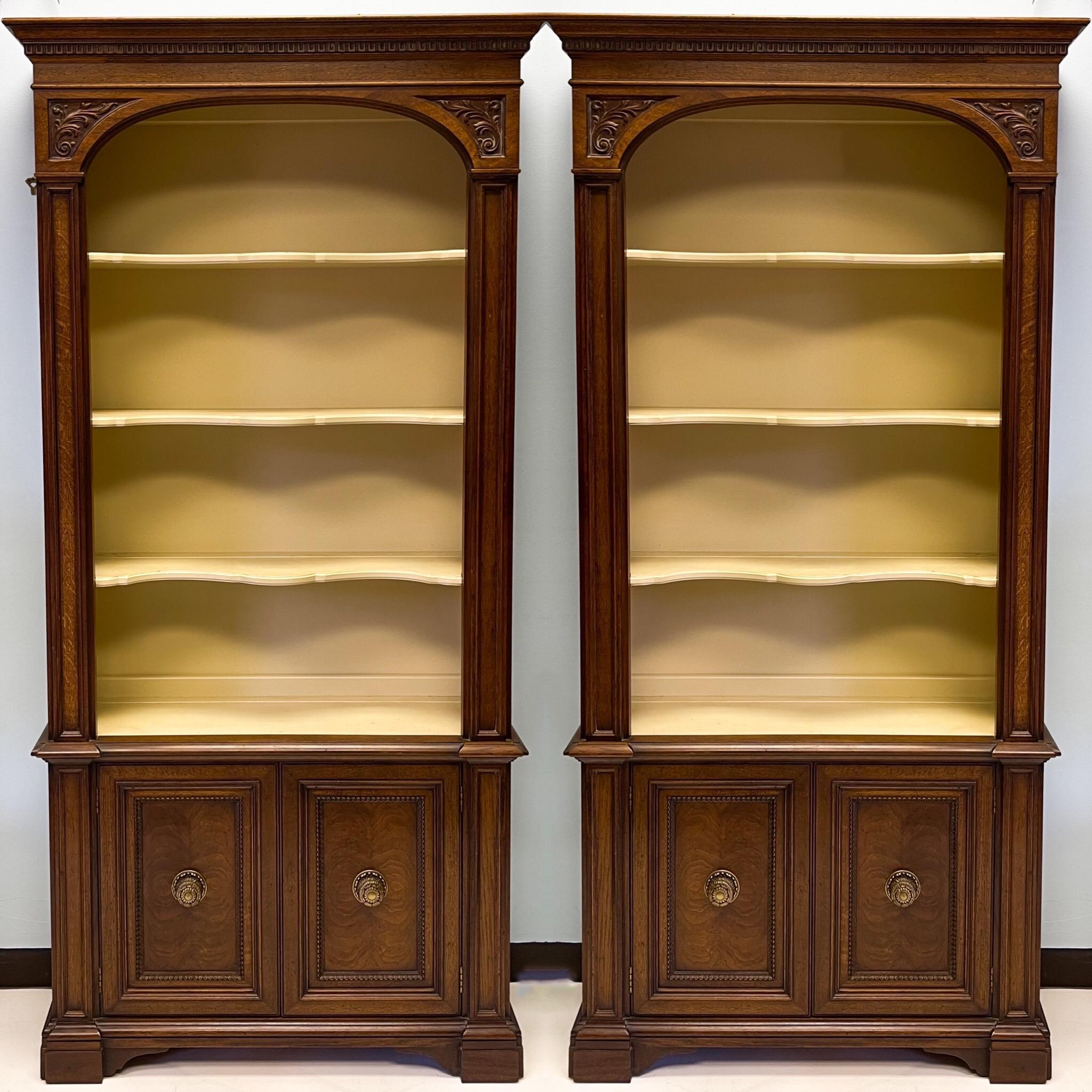 Mid-Century English Style Carved Fruitwood and Burl Bookcases / Cabinets, Pair For Sale 1