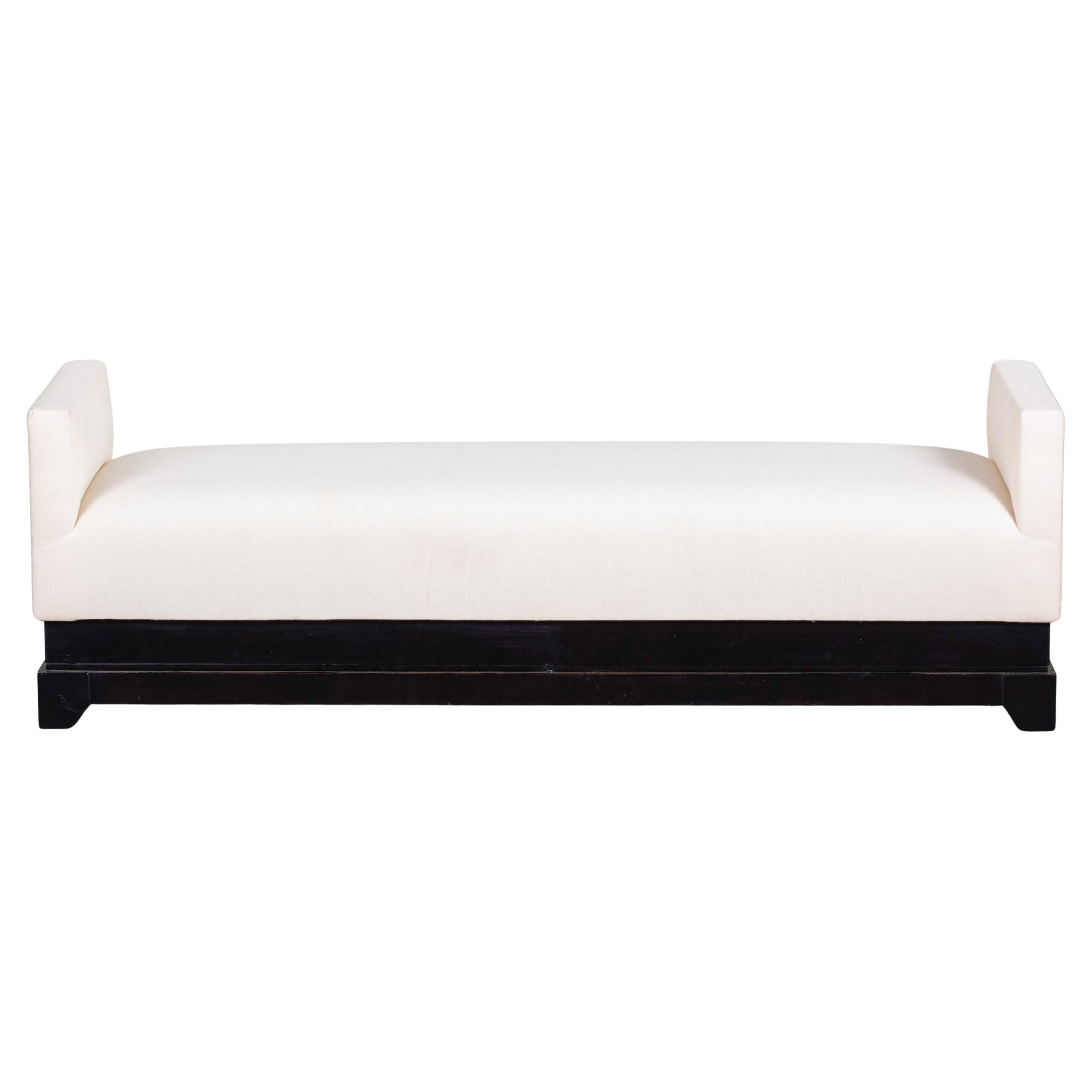 Mid Century English Upholstered Bench with Ebonised Oak Base