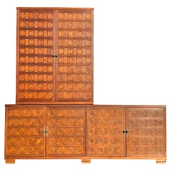 Mid Century English Walnut Parquetry Cabinetmaker Dresser Chest of Drawers