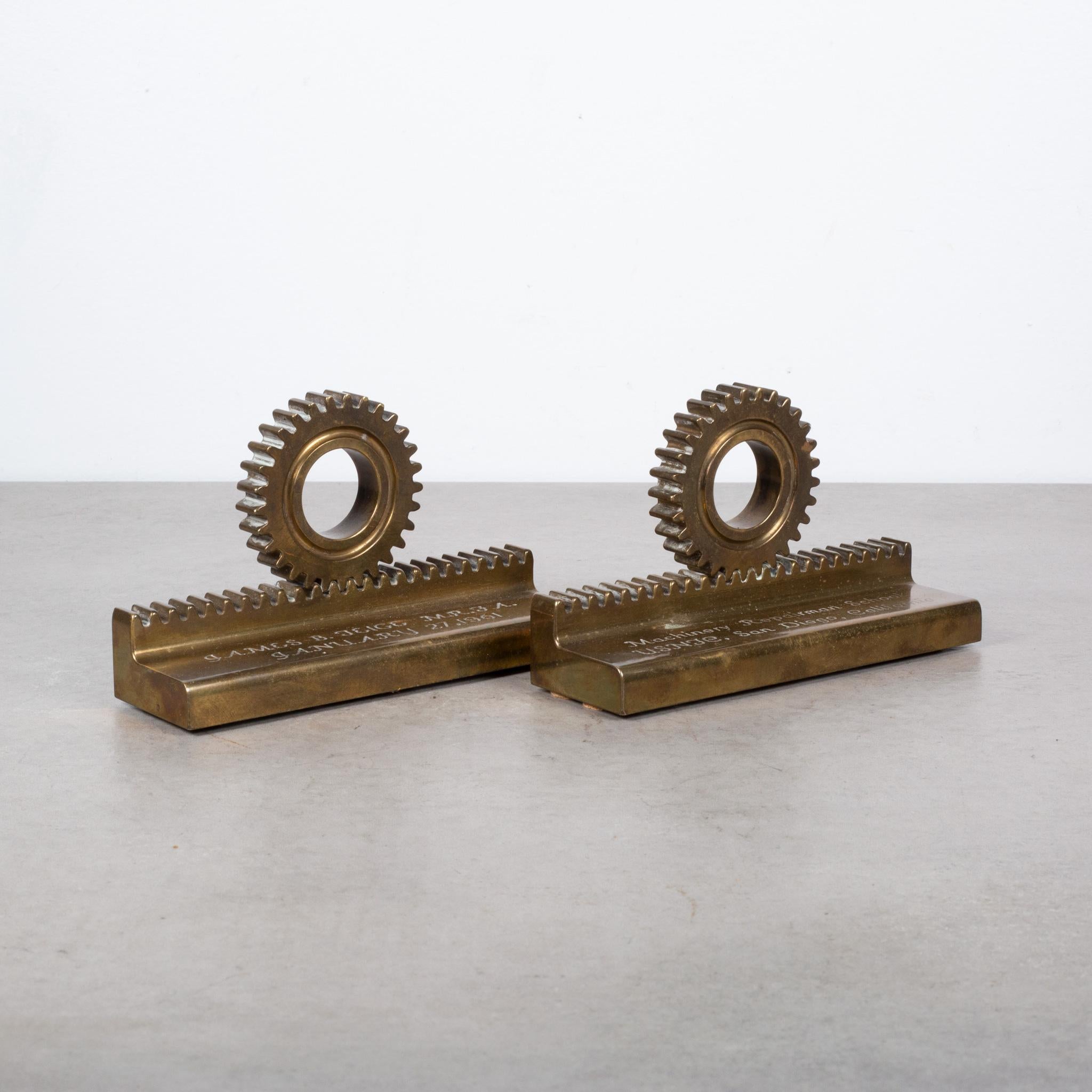 Industrial Midcentury Engraved Solid Bronze Gear Bookends, circa 1961