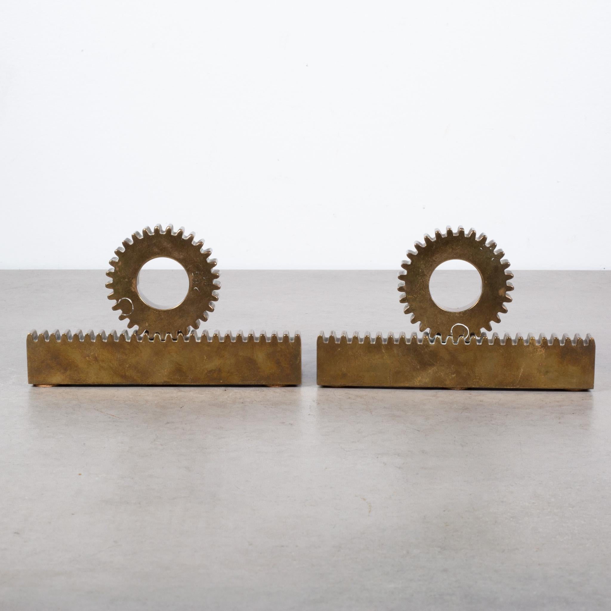 Midcentury Engraved Solid Bronze Gear Bookends, circa 1961 In Good Condition In San Francisco, CA