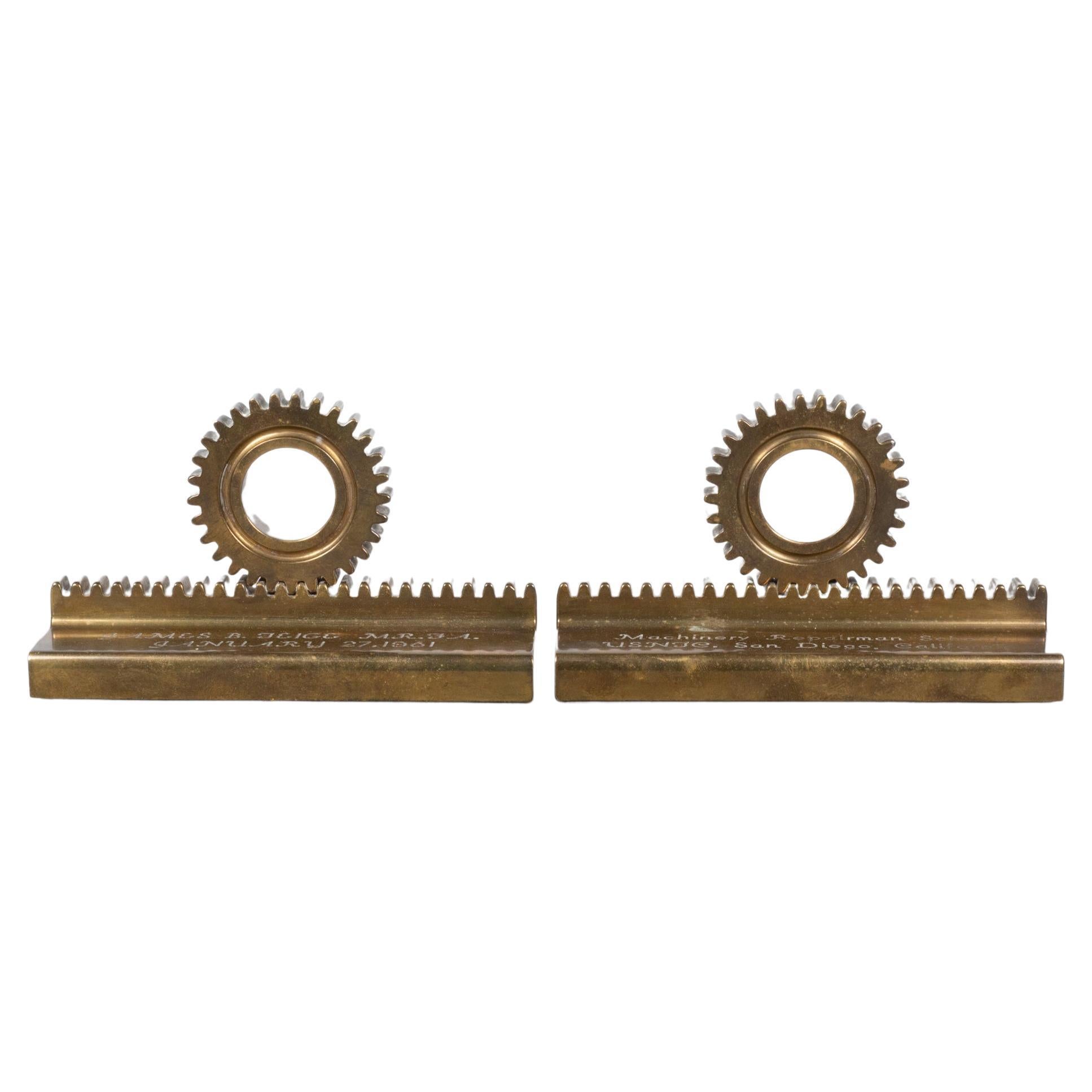 Midcentury Engraved Solid Bronze Gear Bookends, circa 1961