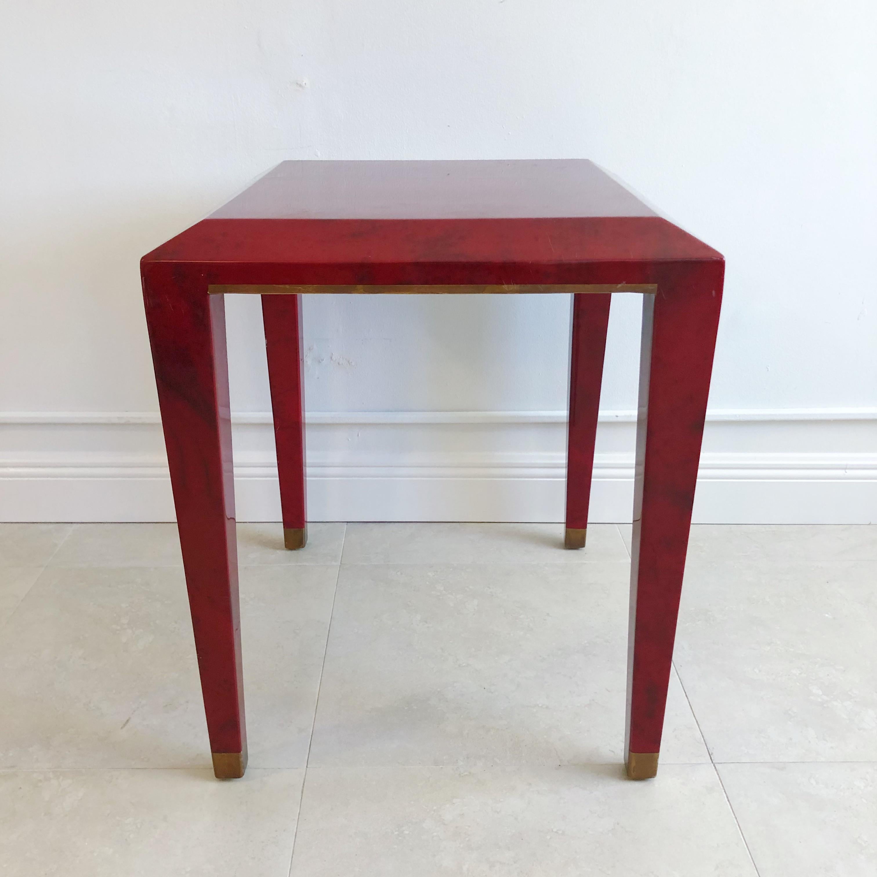 Mid-Century Modern Midcentury Enrique Garcel Side Table in Red Goatskin with Gold Trim For Sale