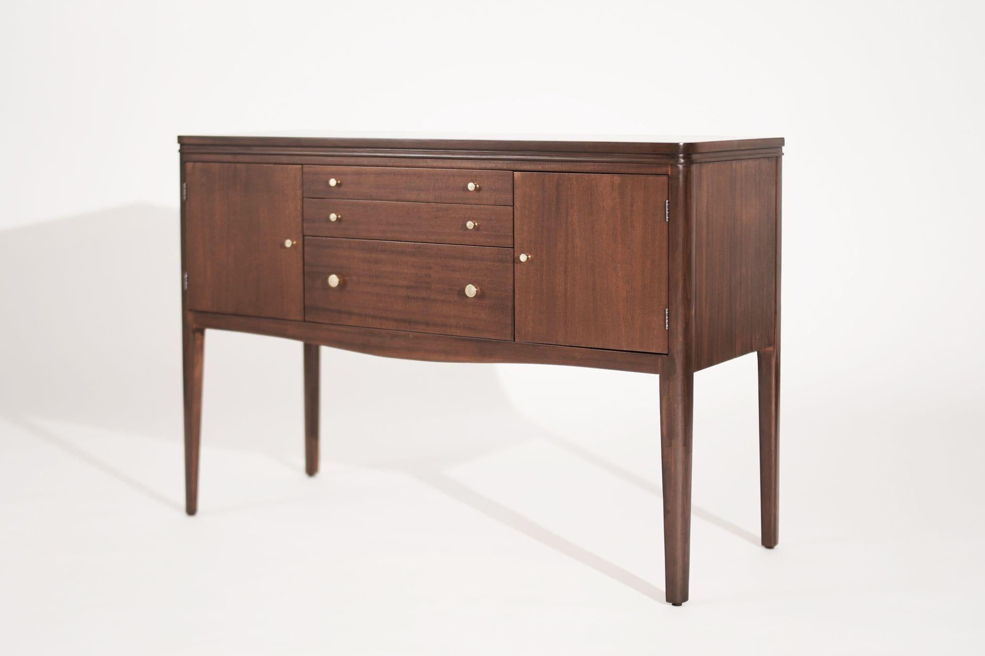 Brass Mid Century Entry Console Table in Mahogany, C. 1950s For Sale