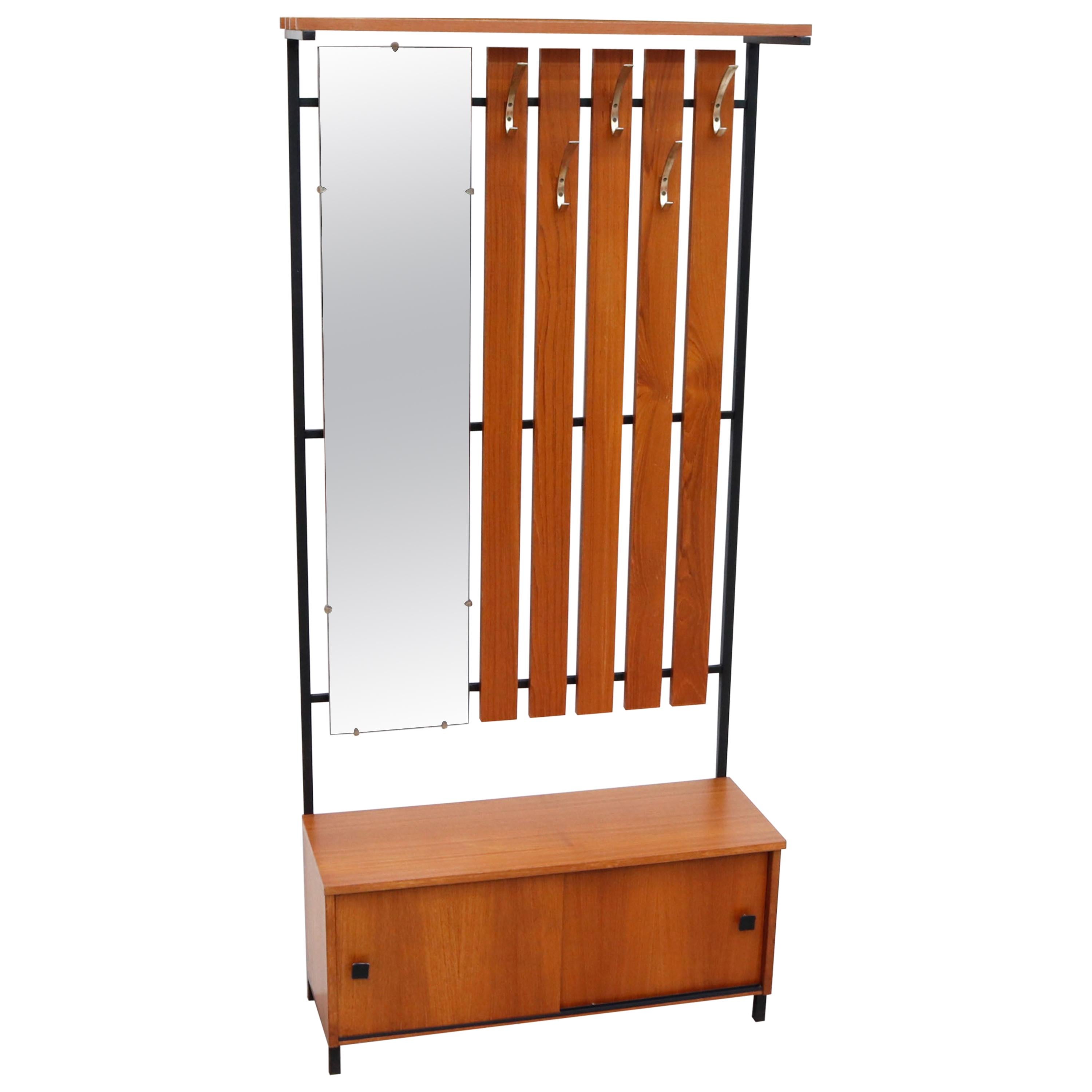 Mid-Century Entry Way Coat Rack with Mirror and Storage Bench