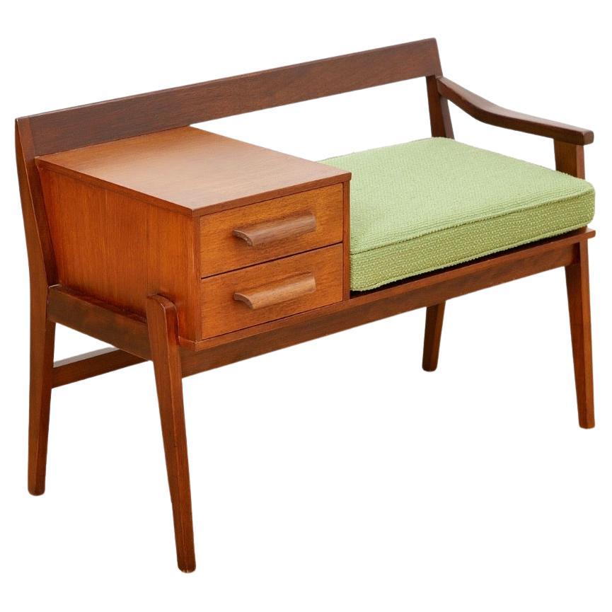 Mid Century Entryway Bench in Teak 
Green