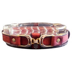 Mid Century Equestrian Oval Aschenbecher Glas, Leder & Metall, Deutschland, 1970er