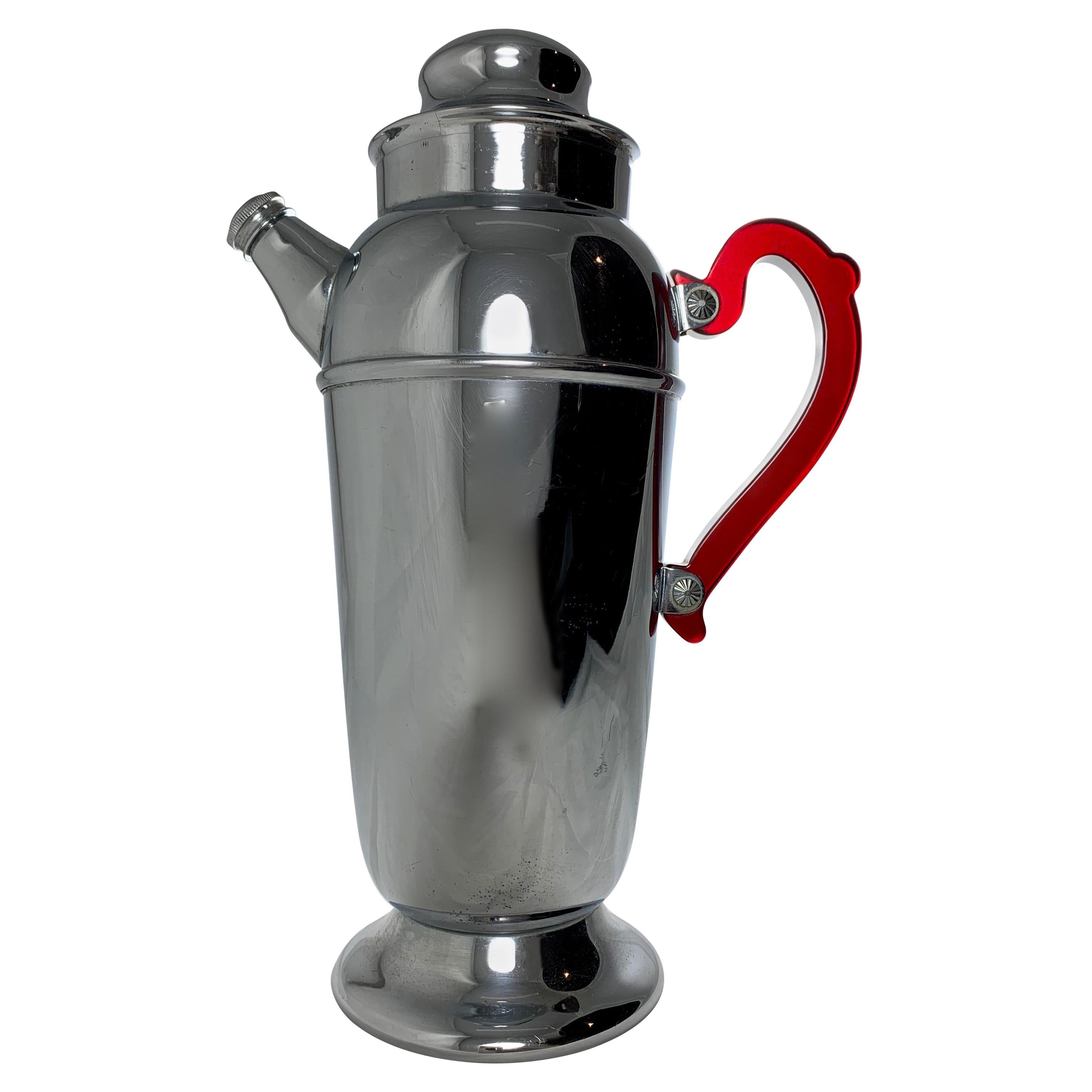 1930s Art Deco Style Chrome and Ruby Red Bakelite Cocktail Shaker For Sale
