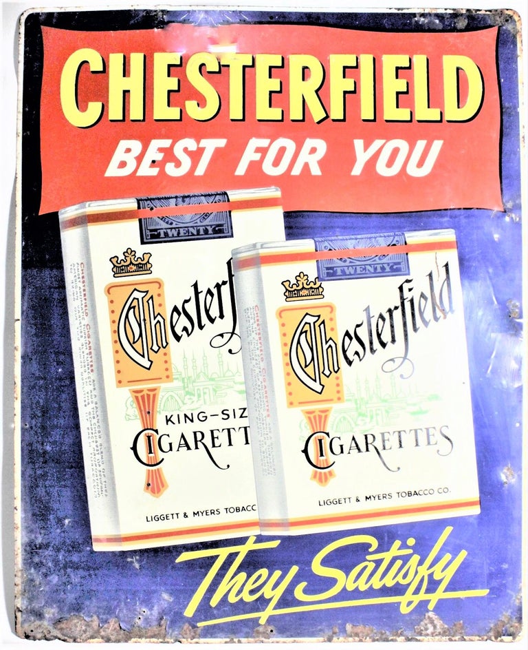 chesterfield cigarette Midcentury Era Chesterfield Cigarette Metal Tobacciana Advertising Sign For  Sale at 1stDibs