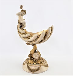 Mid-Century Era Cold-Painted Metal Planter or Centerpiece with Child & Dolphin