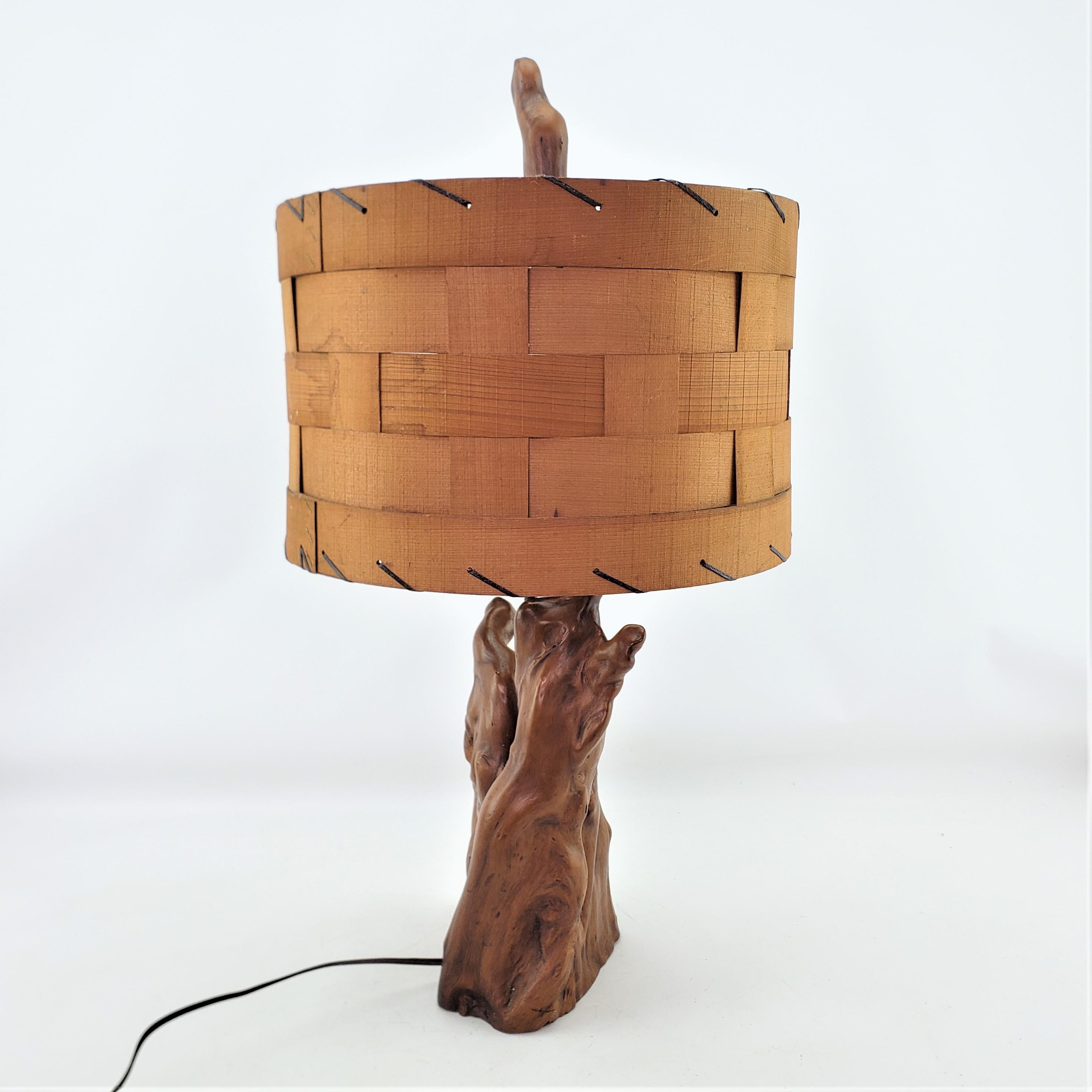 American Mid-Century Era Cypress Knees Sculptural Table Lamp with Woven Wooden Shade