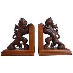 Midcentury Era, Hand Carved Mahogany Folk Art Heraldic Lion Sculpture Bookends