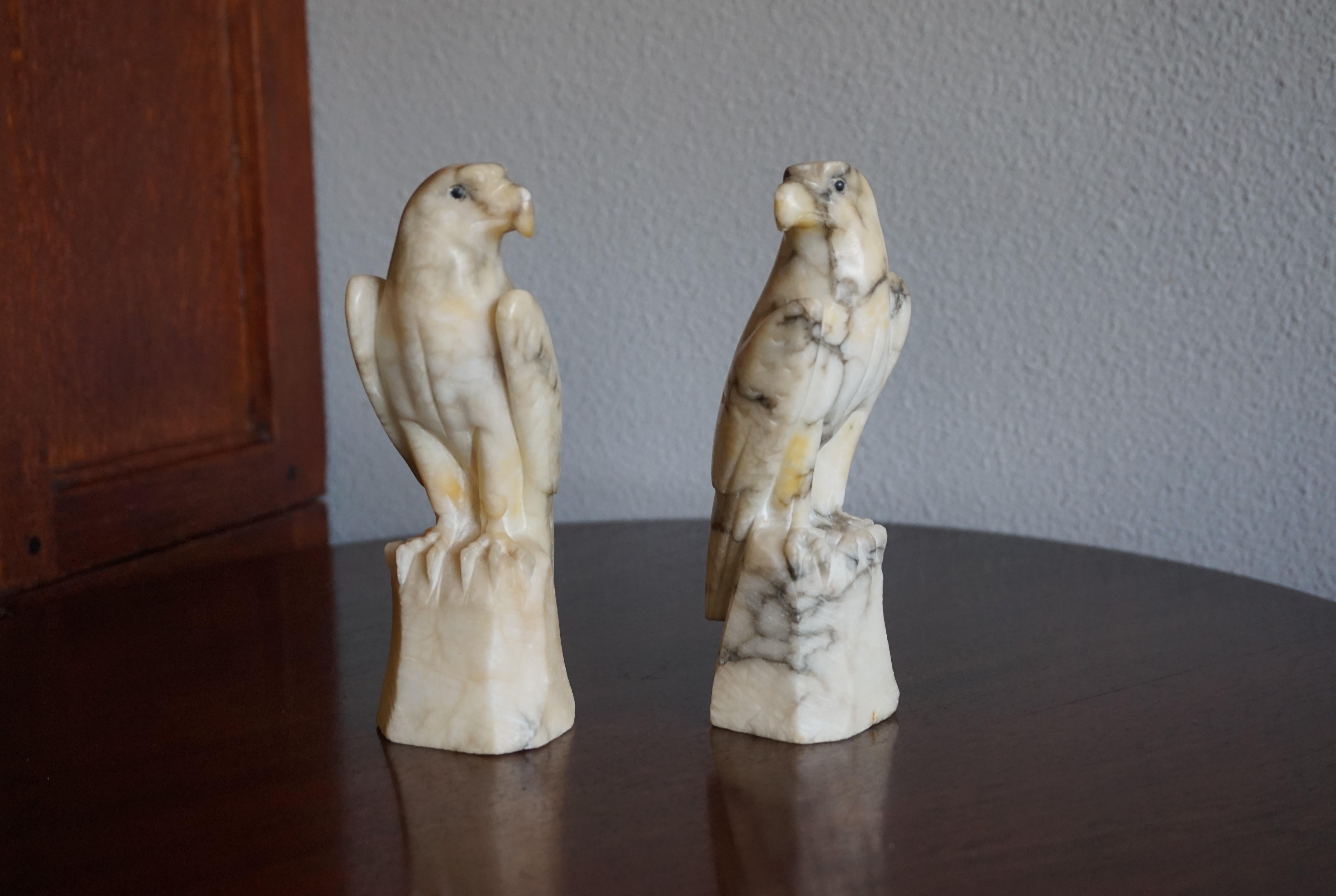 European Midcentury Era Hand Carved Pair of Alabaster Majestic Eagle Sculptures