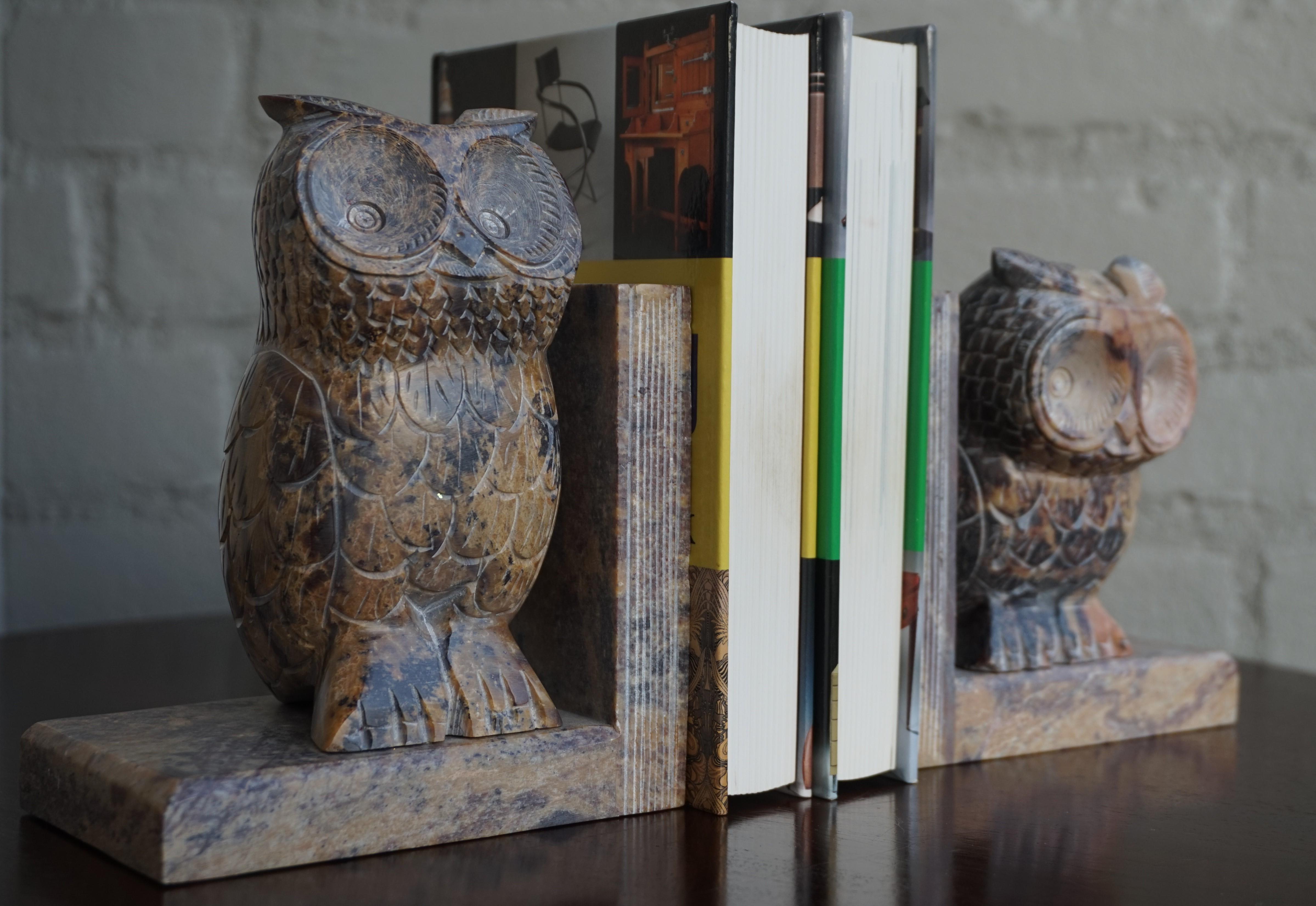 Midcentury Era, Hand Carved Purple & Terra Color Marble Sculpture Owl Bookends 4