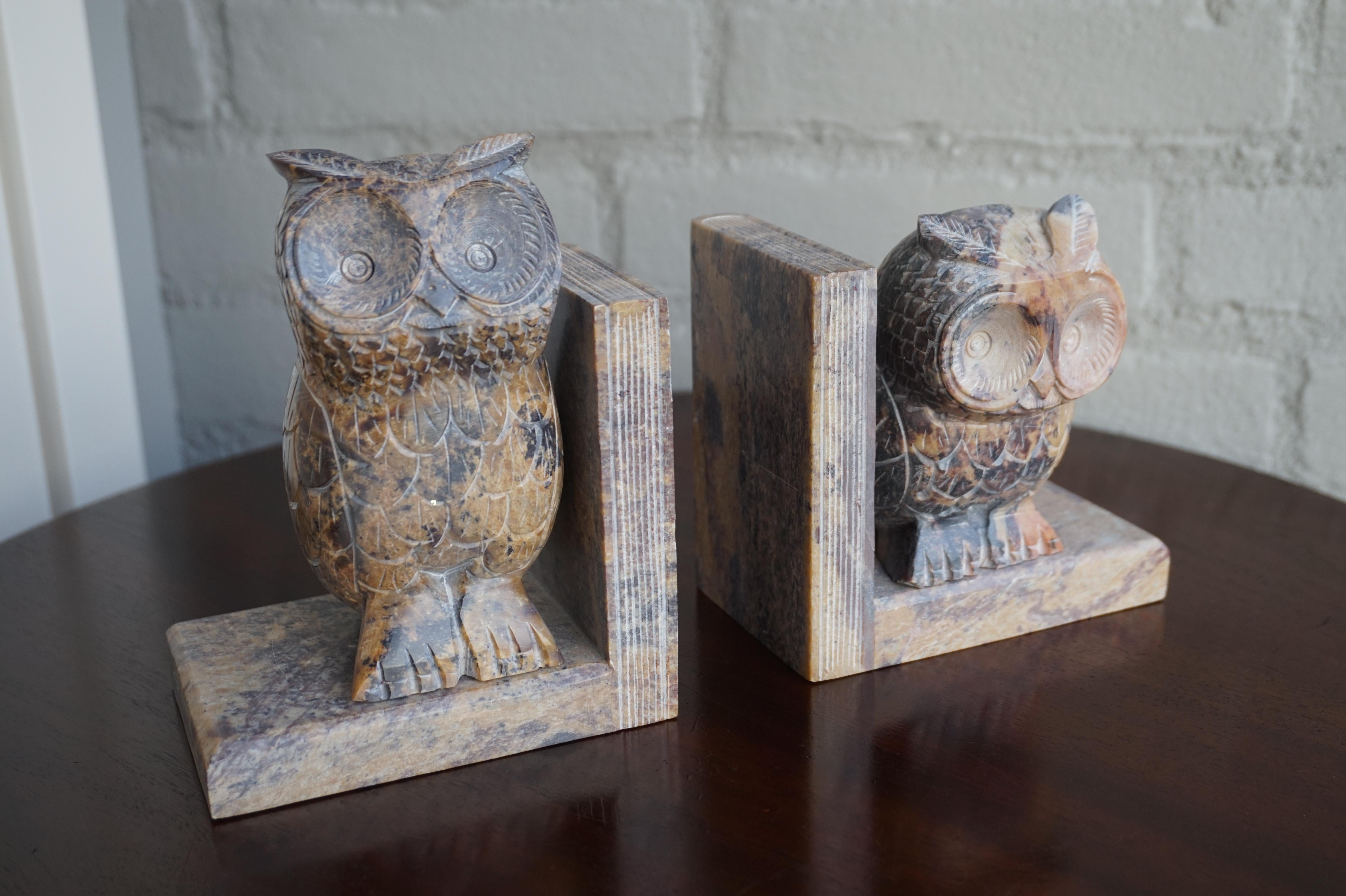 Midcentury Era, Hand Carved Purple & Terra Color Marble Sculpture Owl Bookends 5