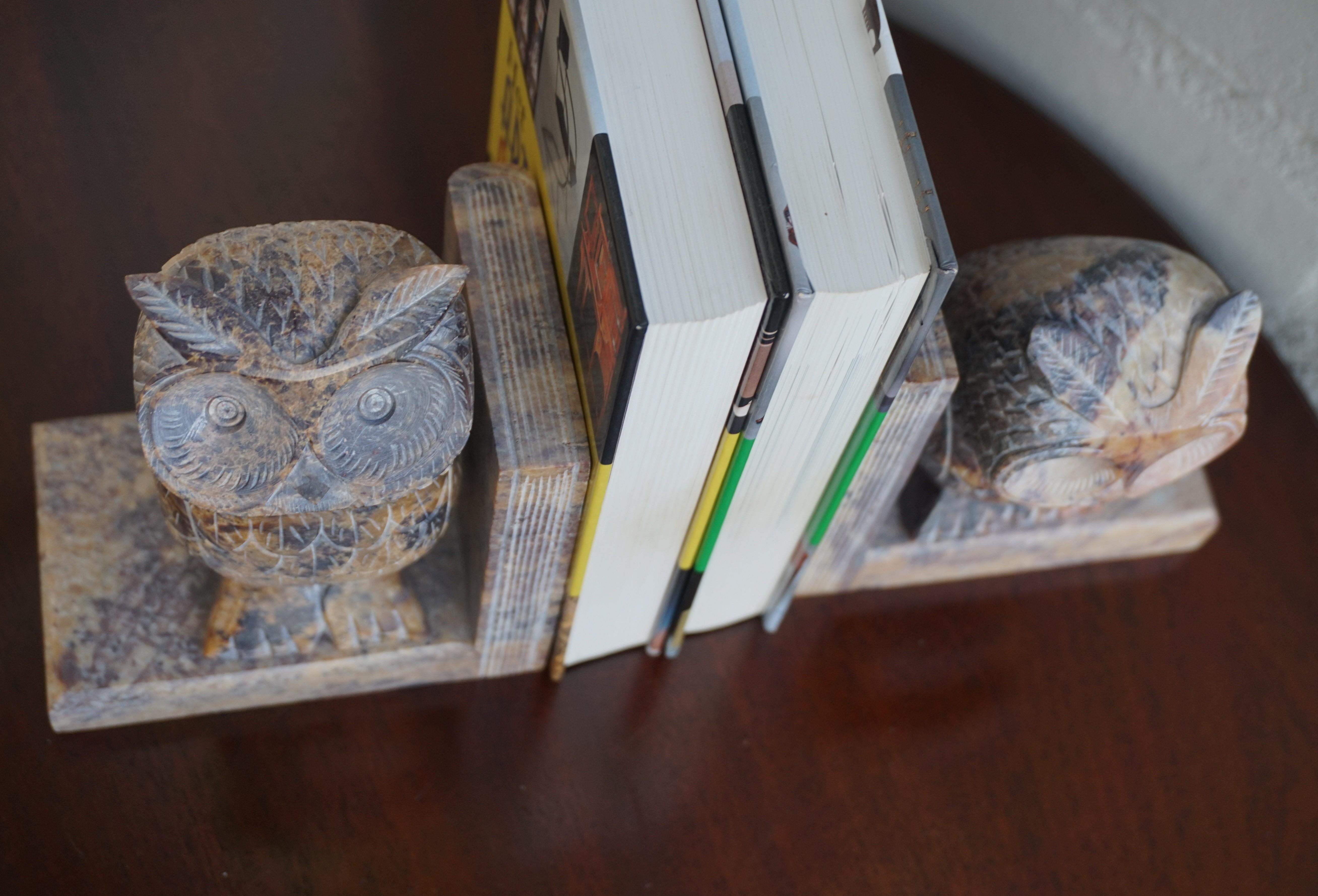 Midcentury Era, Hand Carved Purple & Terra Color Marble Sculpture Owl Bookends 6