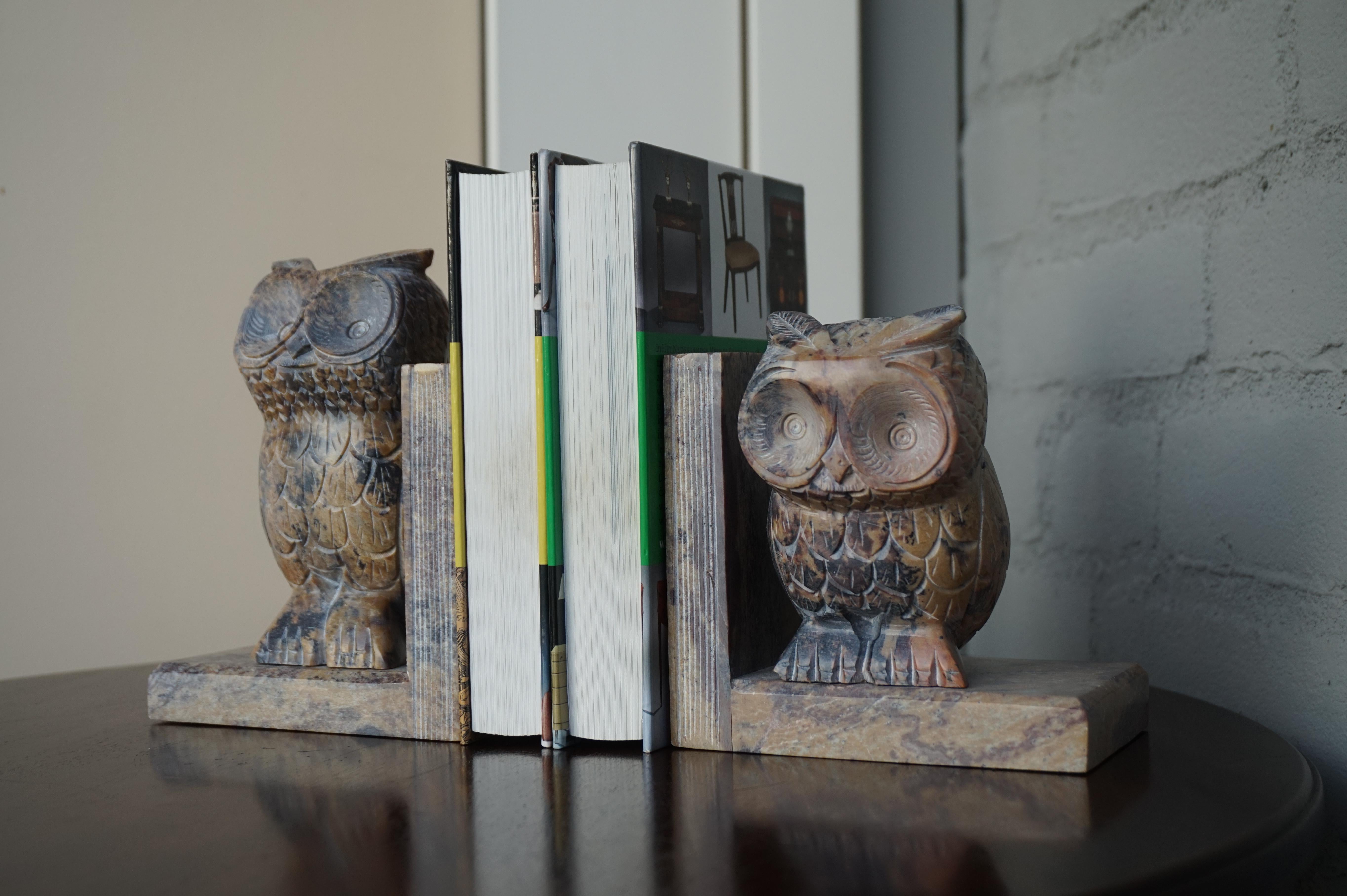 Midcentury Era, Hand Carved Purple & Terra Color Marble Sculpture Owl Bookends 8