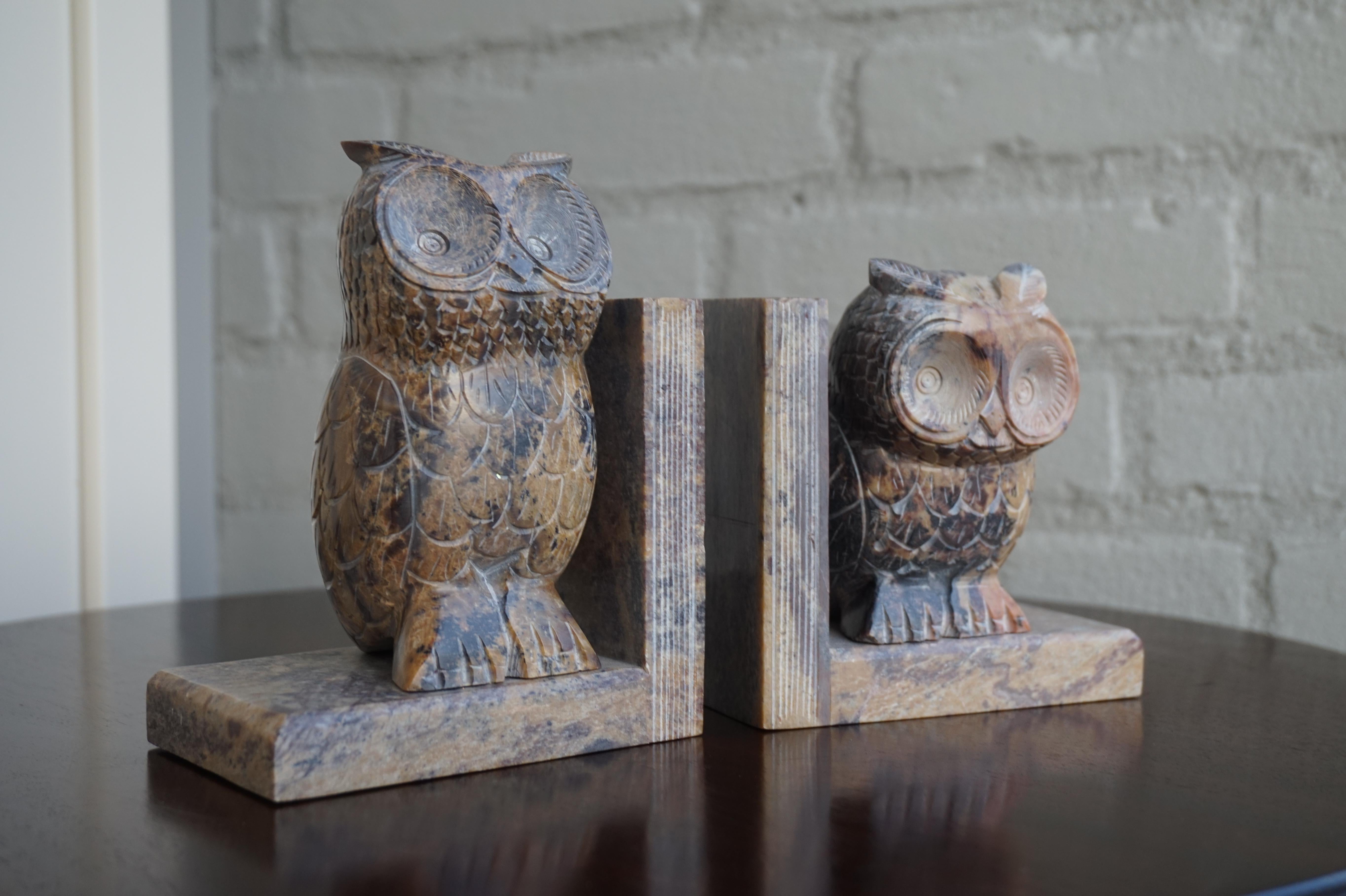 Beautiful, meaningful, practical and decorative midcentury bookends.

Given the fact that owls are the international symbol for wisdom and learning, these are the perfect sculptures for bookends. These fine sized, hand-sculpted marble owls are