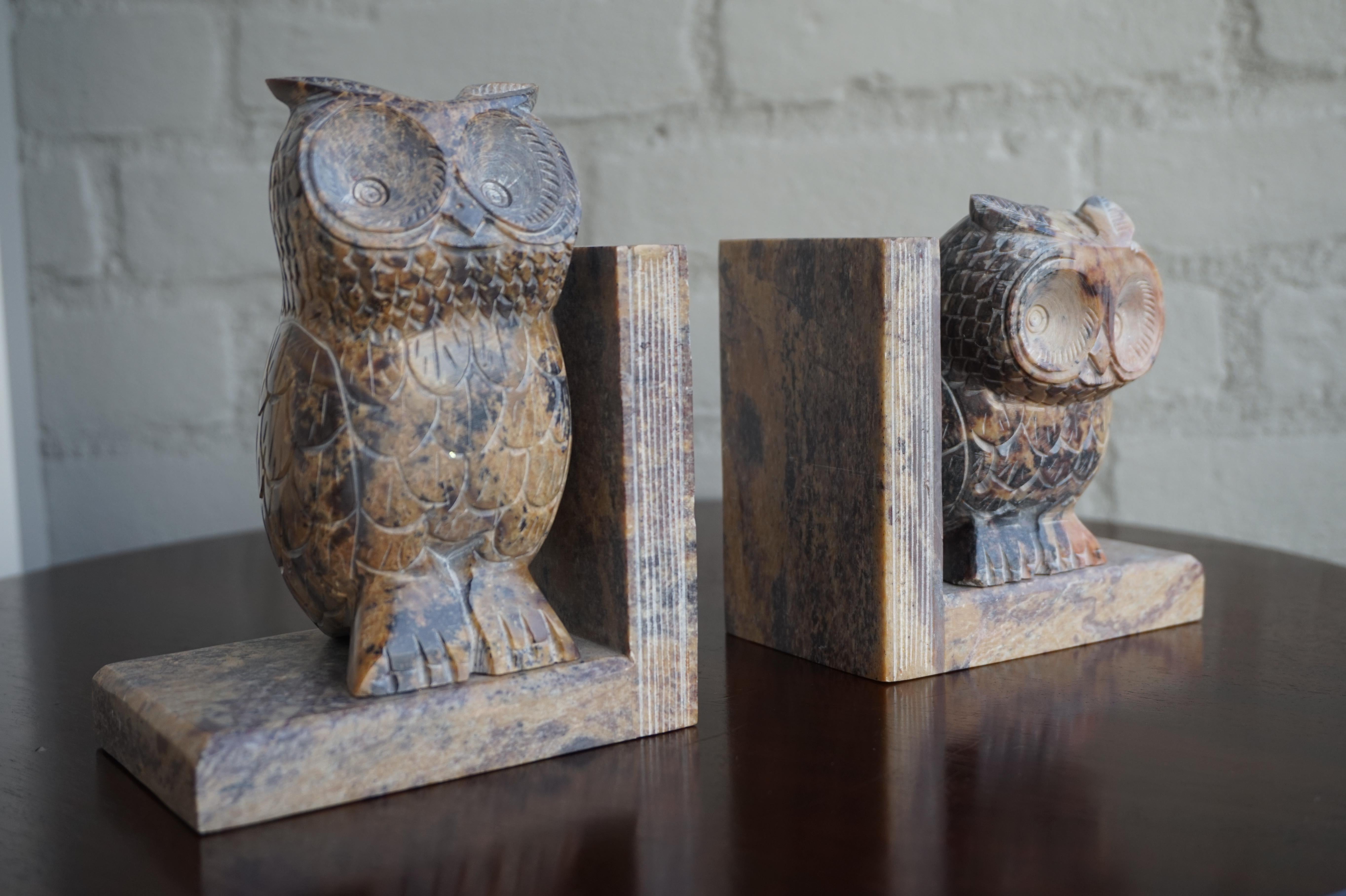 Mid-Century Modern Midcentury Era, Hand Carved Purple & Terra Color Marble Sculpture Owl Bookends