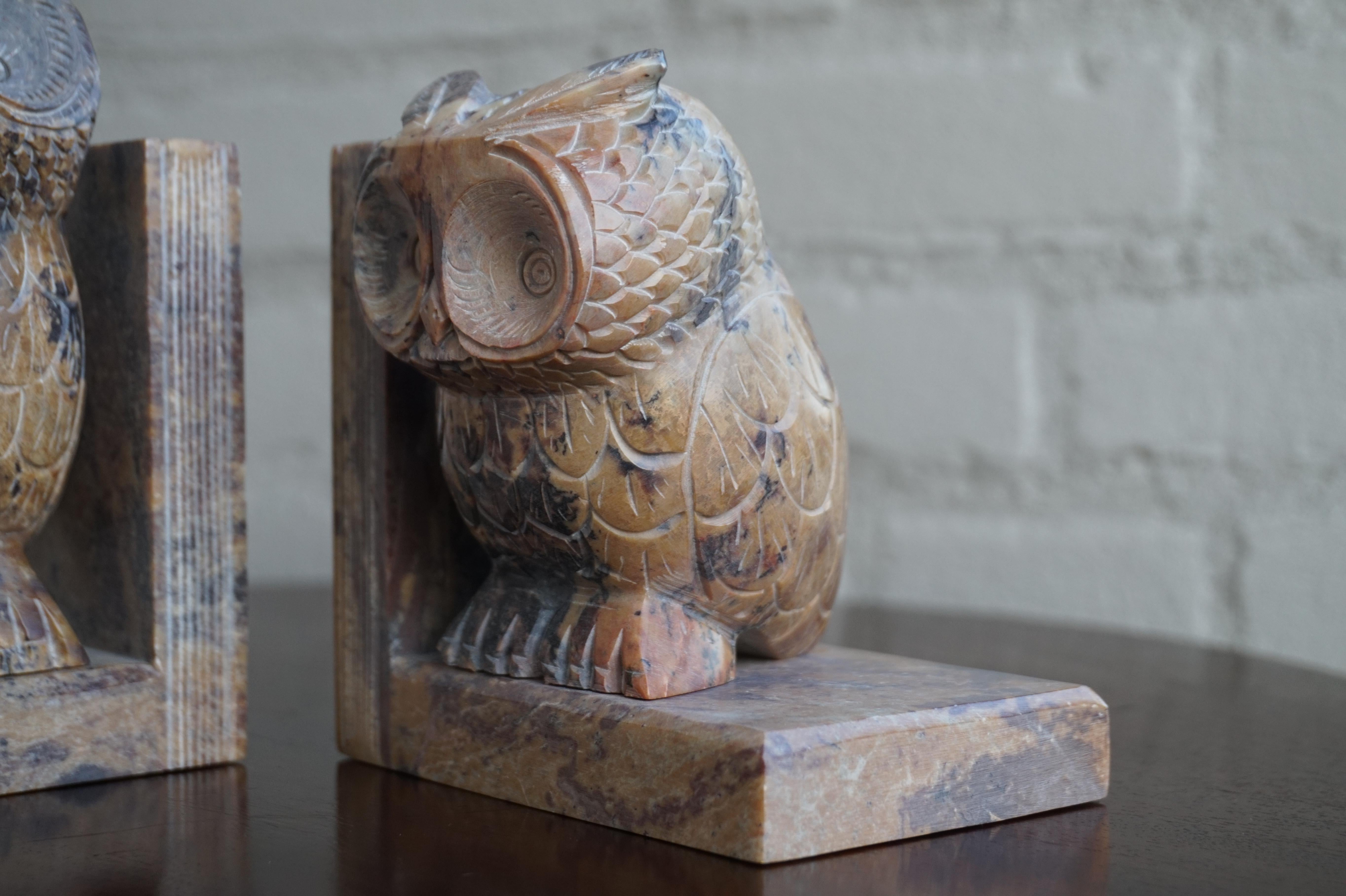 Hand-Carved Midcentury Era, Hand Carved Purple & Terra Color Marble Sculpture Owl Bookends