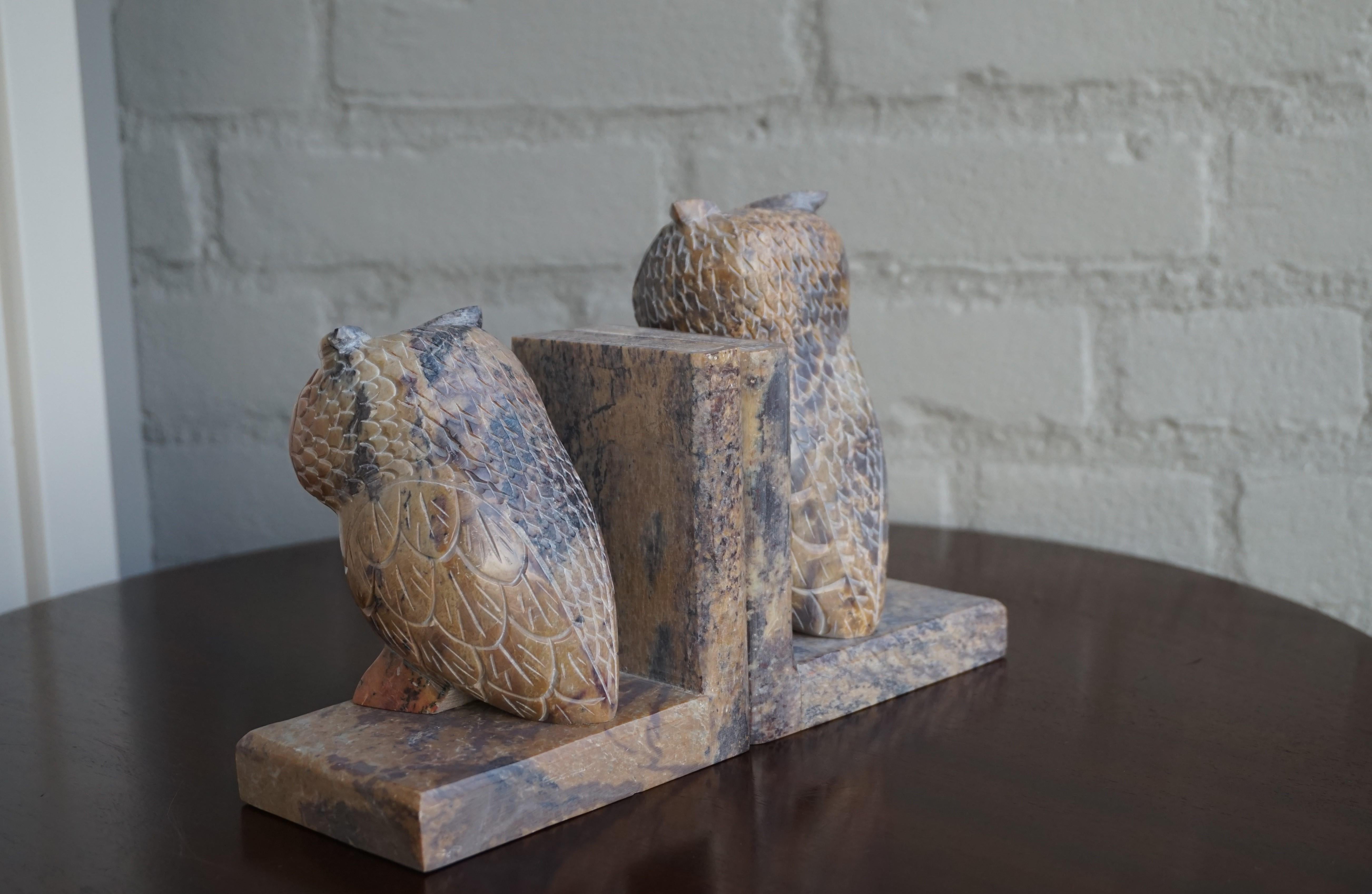20th Century Midcentury Era, Hand Carved Purple & Terra Color Marble Sculpture Owl Bookends