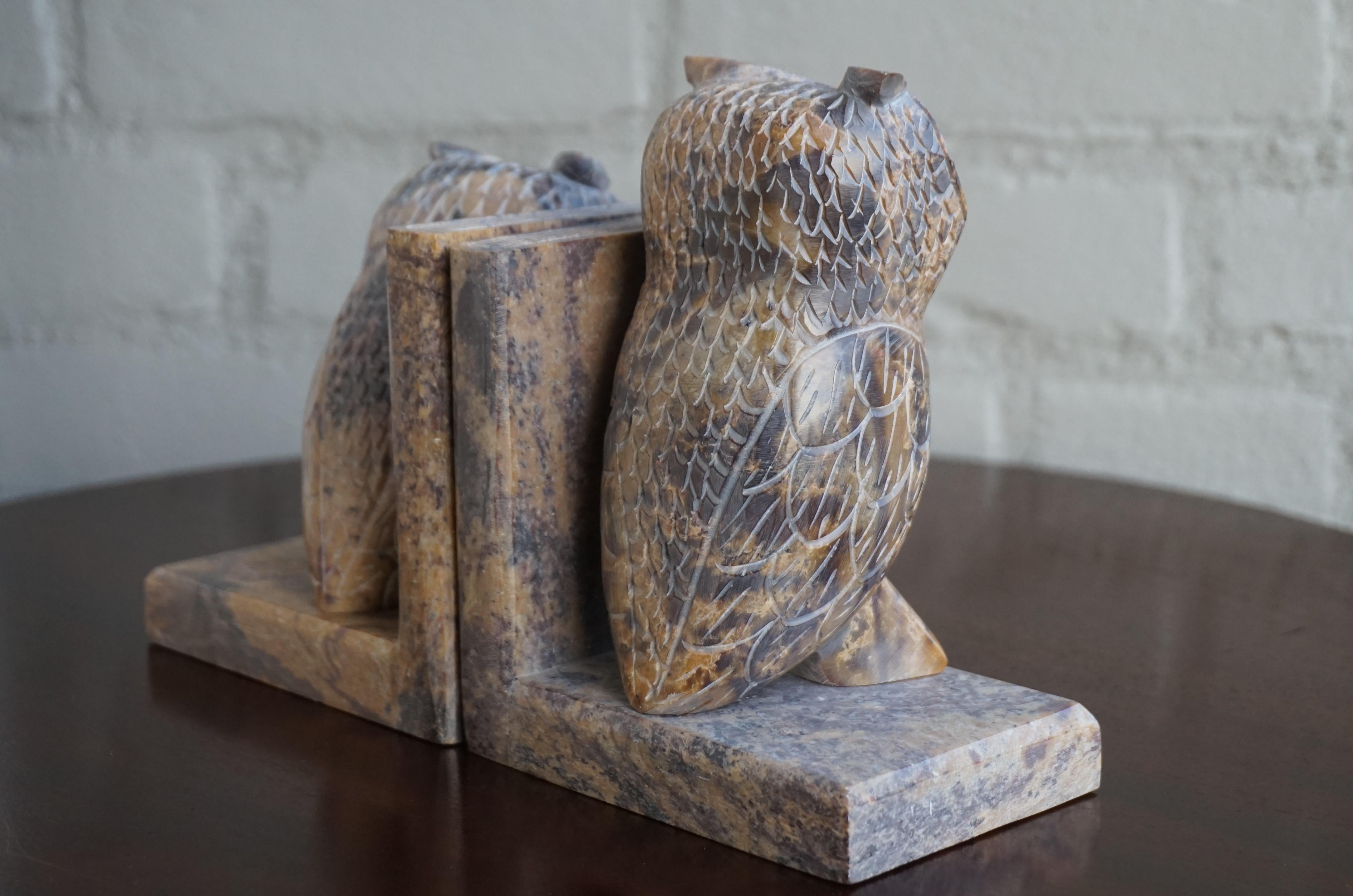 Midcentury Era, Hand Carved Purple & Terra Color Marble Sculpture Owl Bookends 1