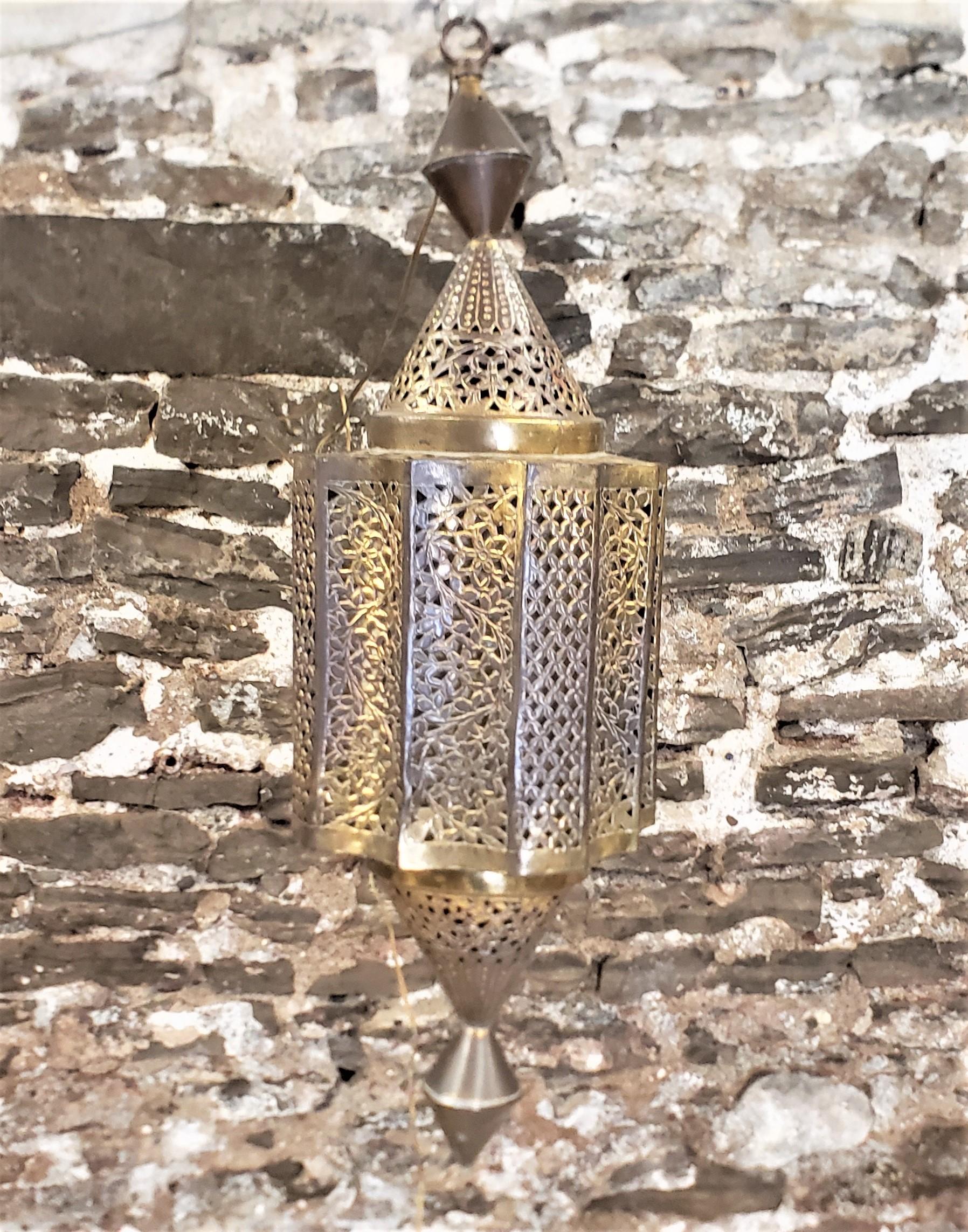 Mid-Century Modern Mid-Century Large Moroccan Moorish Pierced Brass Hanging Lantern or Swag Light For Sale