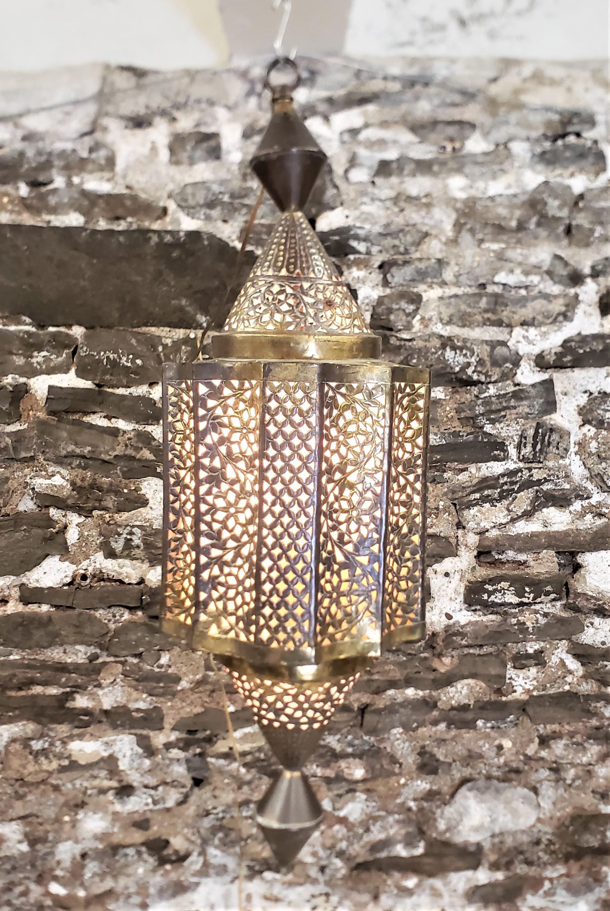 20th Century Mid-Century Large Moroccan Moorish Pierced Brass Hanging Lantern or Swag Light For Sale