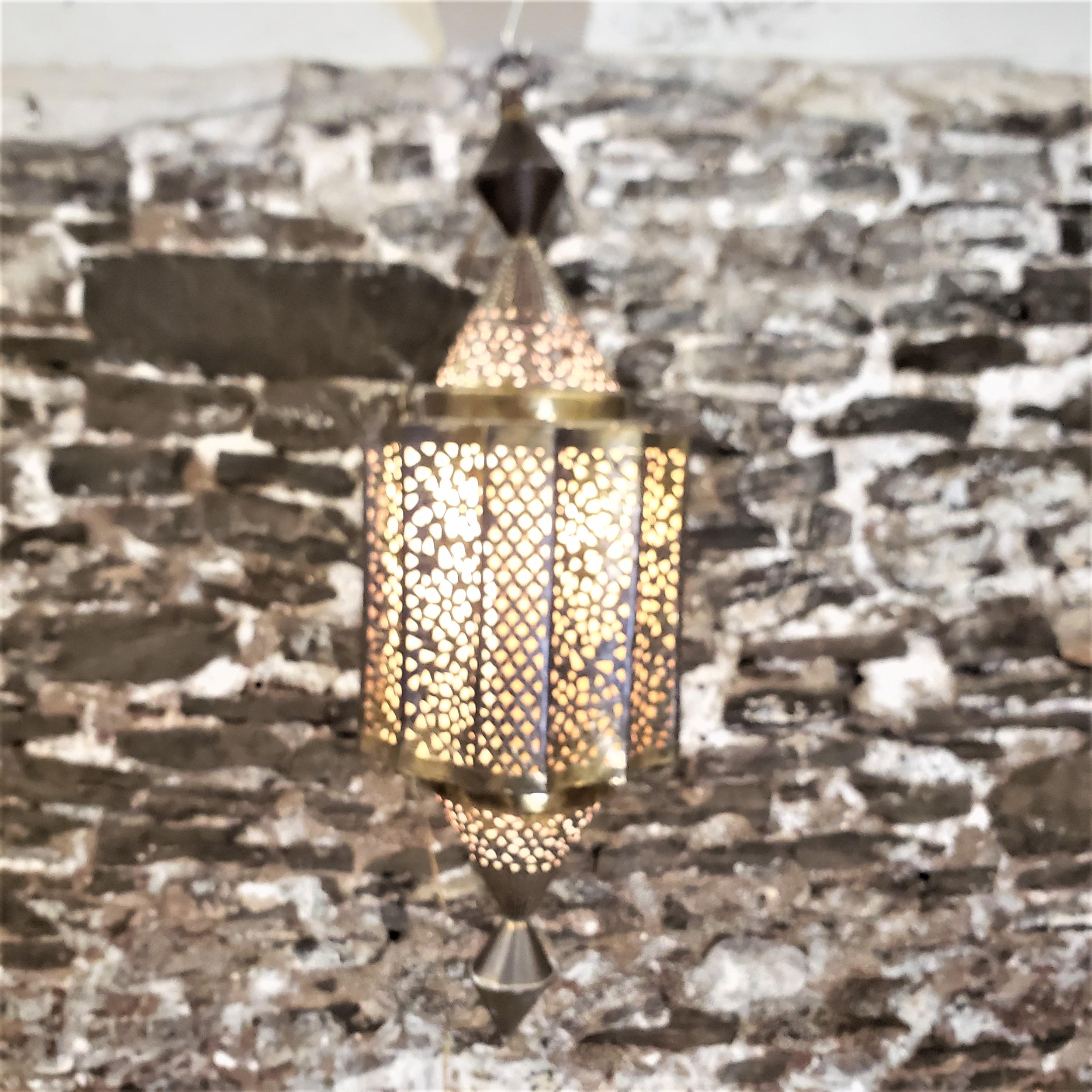 Metal Mid-Century Large Moroccan Moorish Pierced Brass Hanging Lantern or Swag Light For Sale