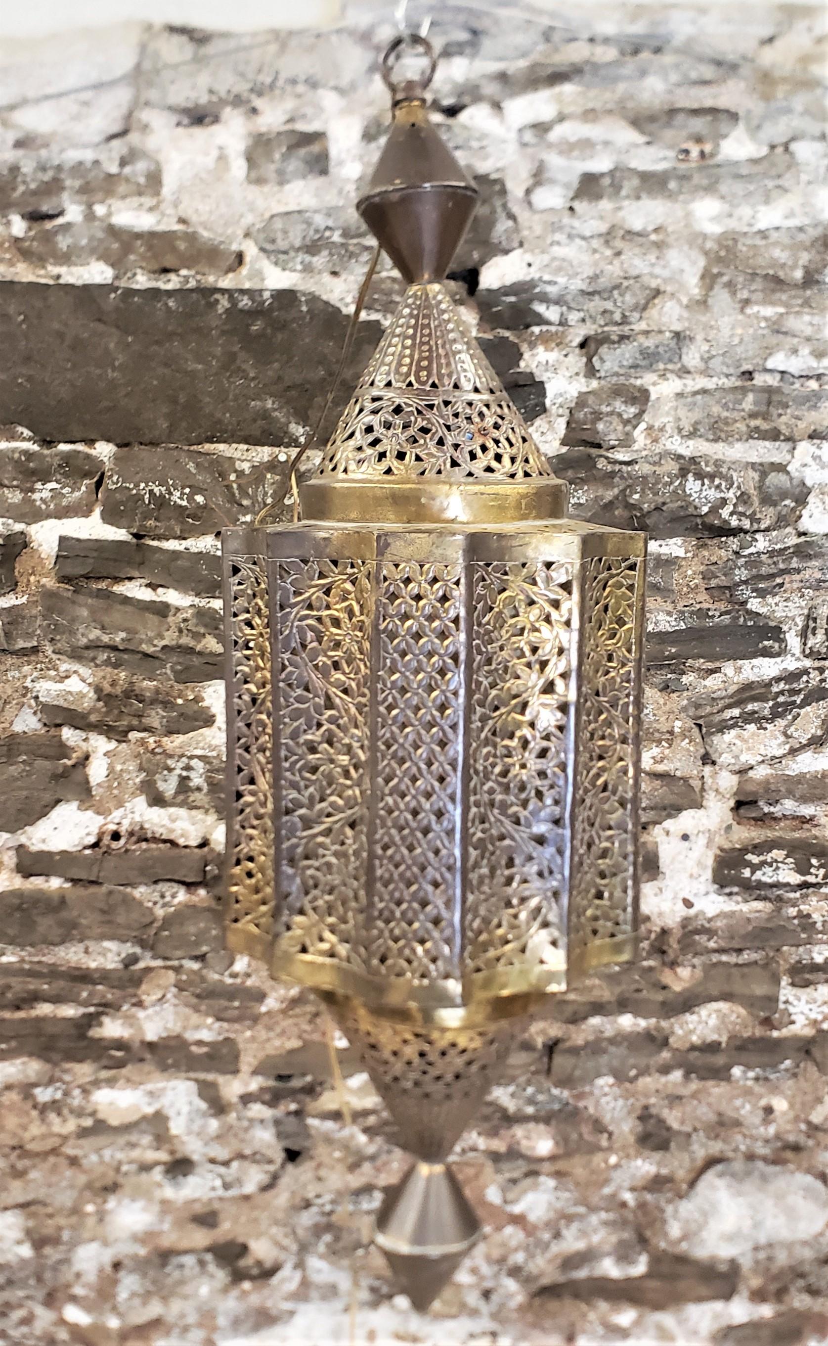 Mid-Century Large Moroccan Moorish Pierced Brass Hanging Lantern or Swag Light For Sale 1