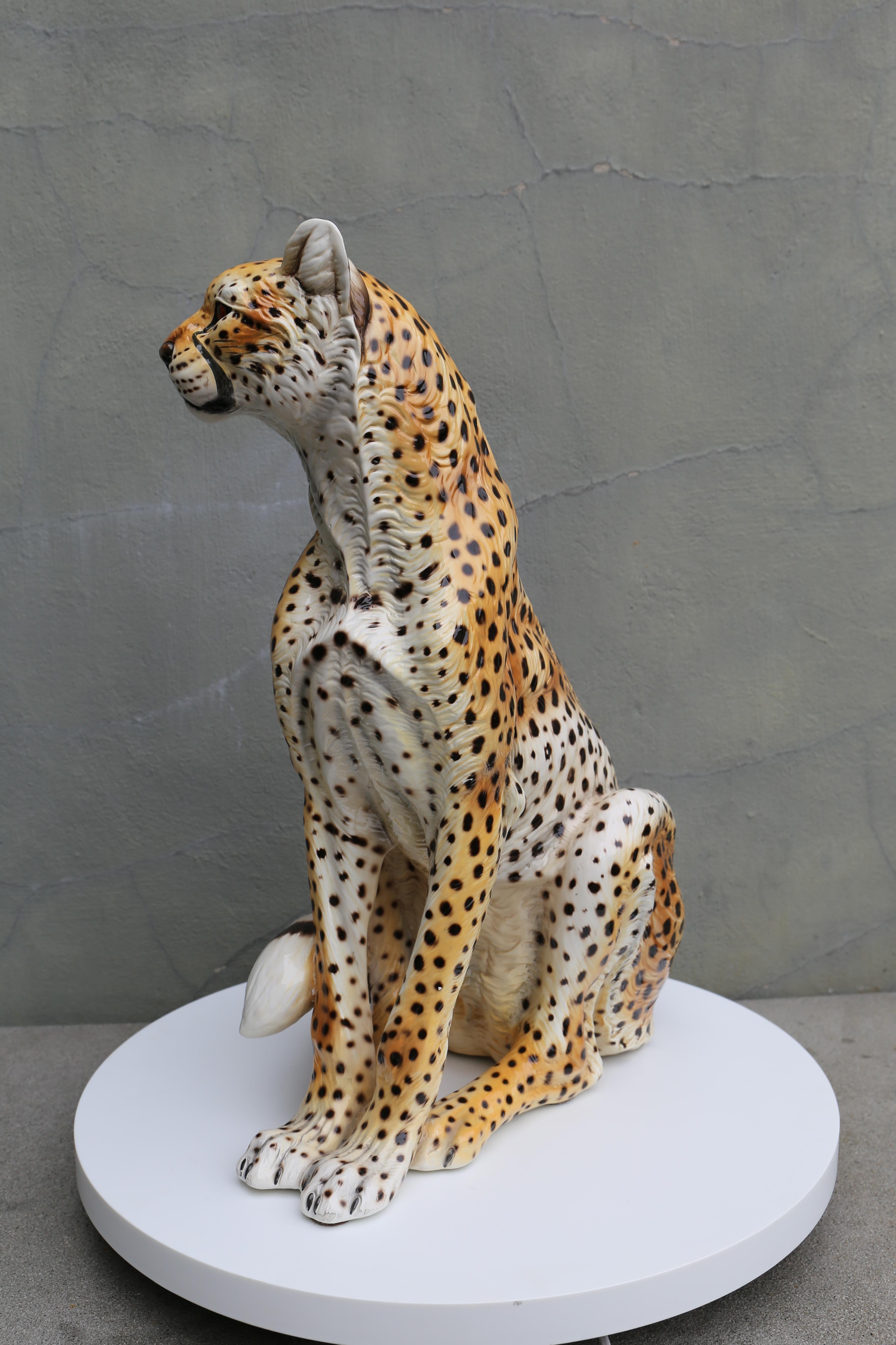 Glazed Mid-Century Era Ronzan Italian Hand-Painted Ceramic Cheetah Sculpture For Sale