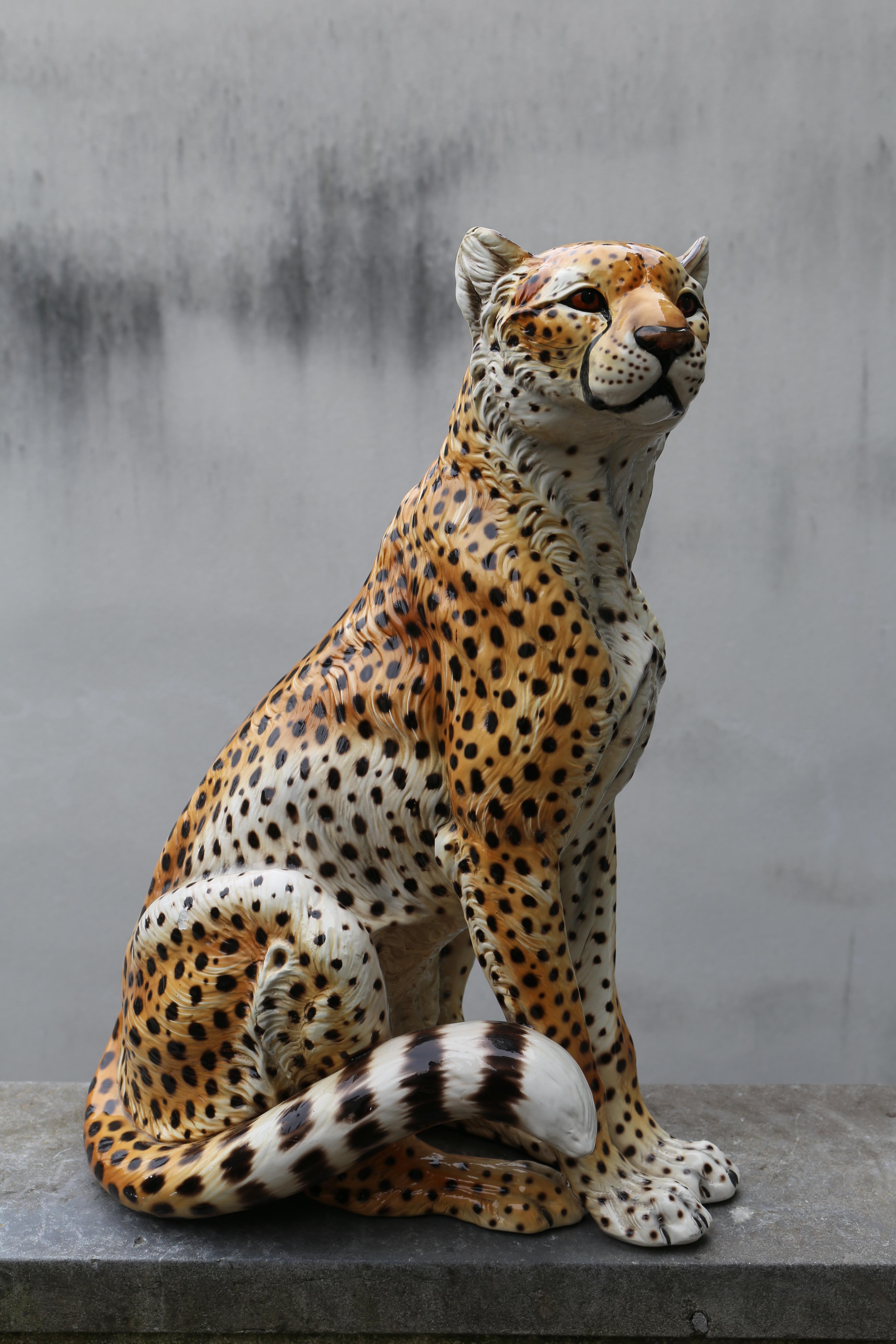 20th Century Mid-Century Era Ronzan Italian Hand-Painted Ceramic Cheetah Sculpture For Sale