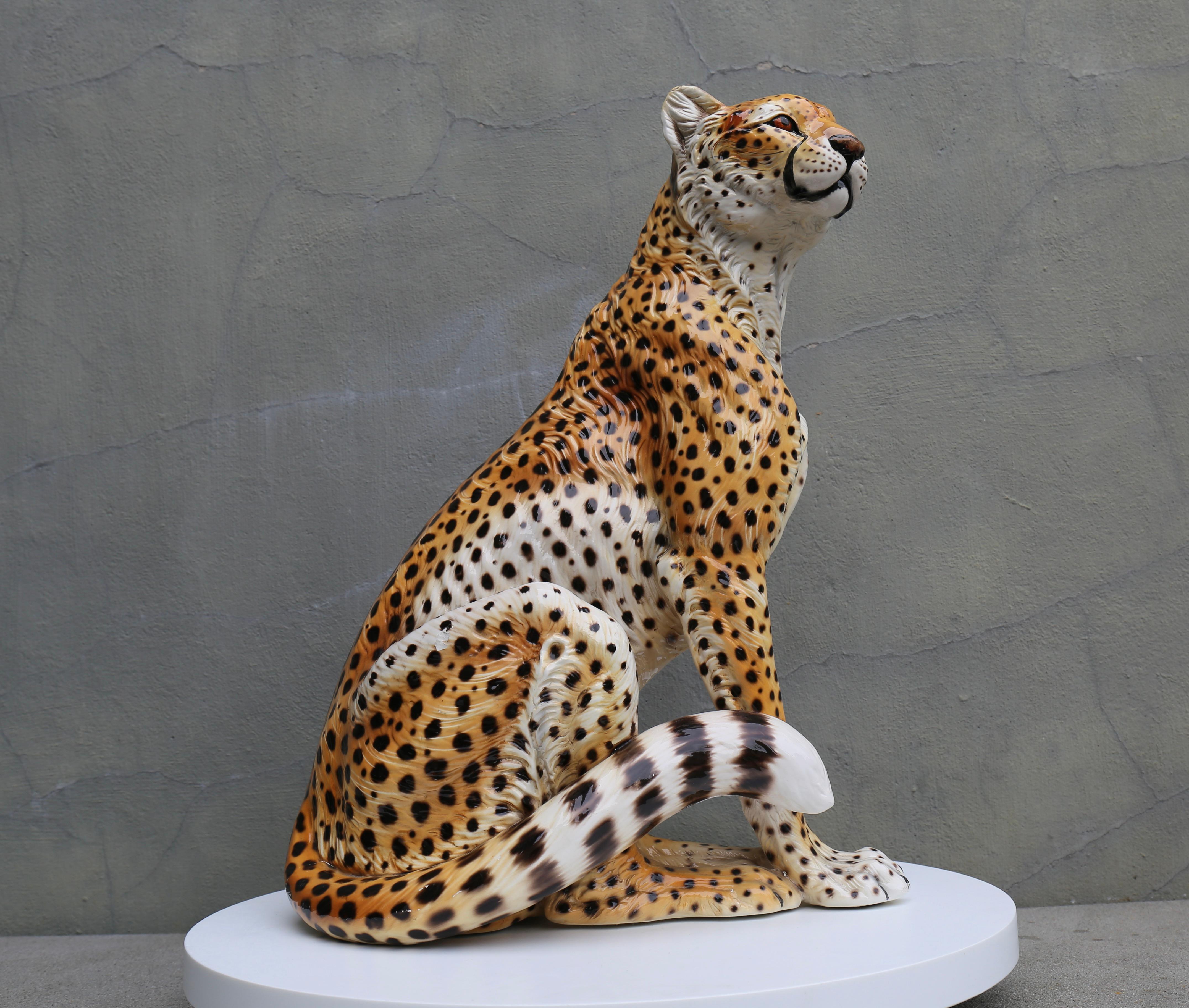 Mid-Century Era Ronzan Italian Hand-Painted Ceramic Cheetah Sculpture For Sale 2