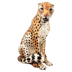 Vintage Mid-Century Era Ronzan Italian Hand-Painted Ceramic Cheetah Sculpture
