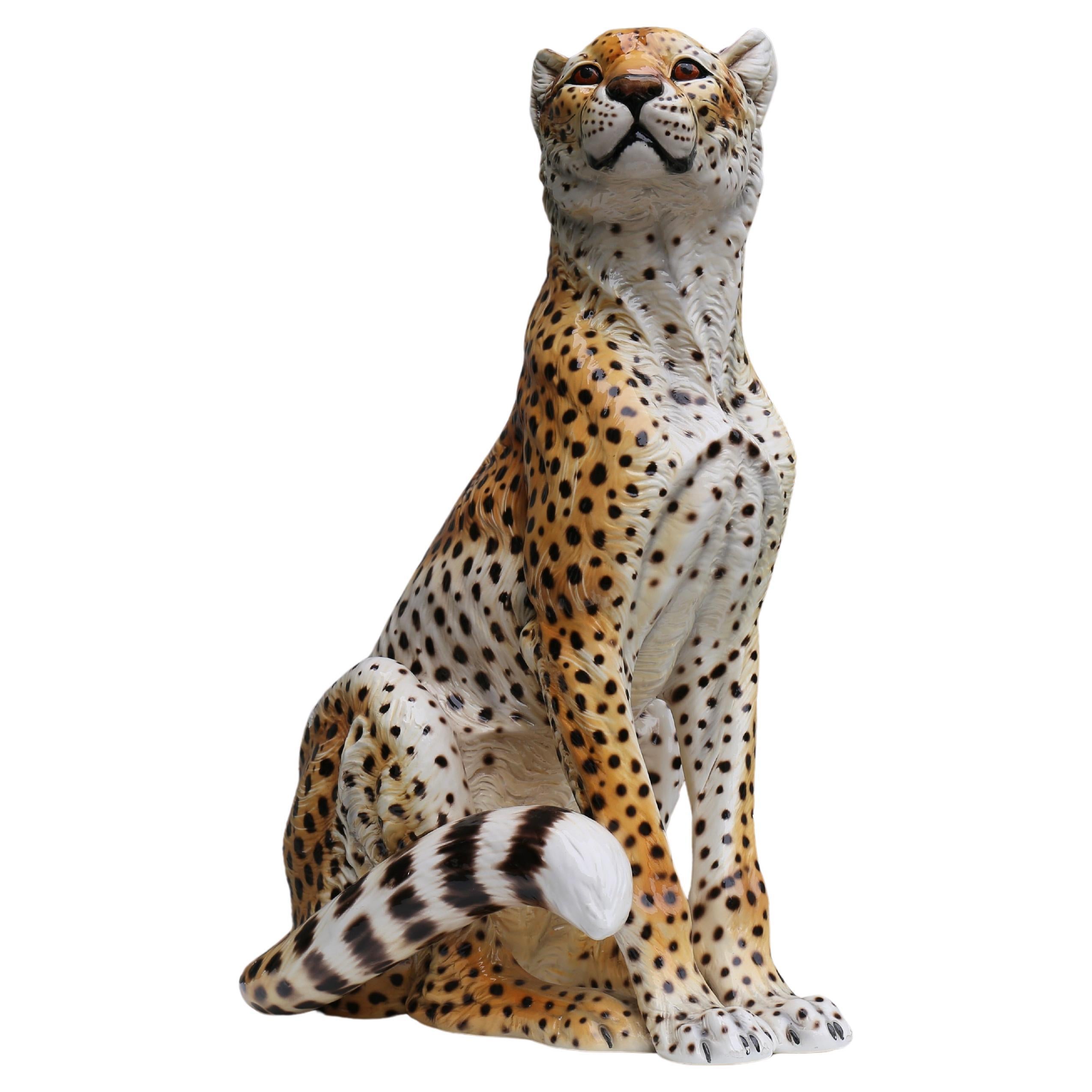 Mid-Century Era Ronzan Italian Hand-Painted Ceramic Cheetah Sculpture For Sale