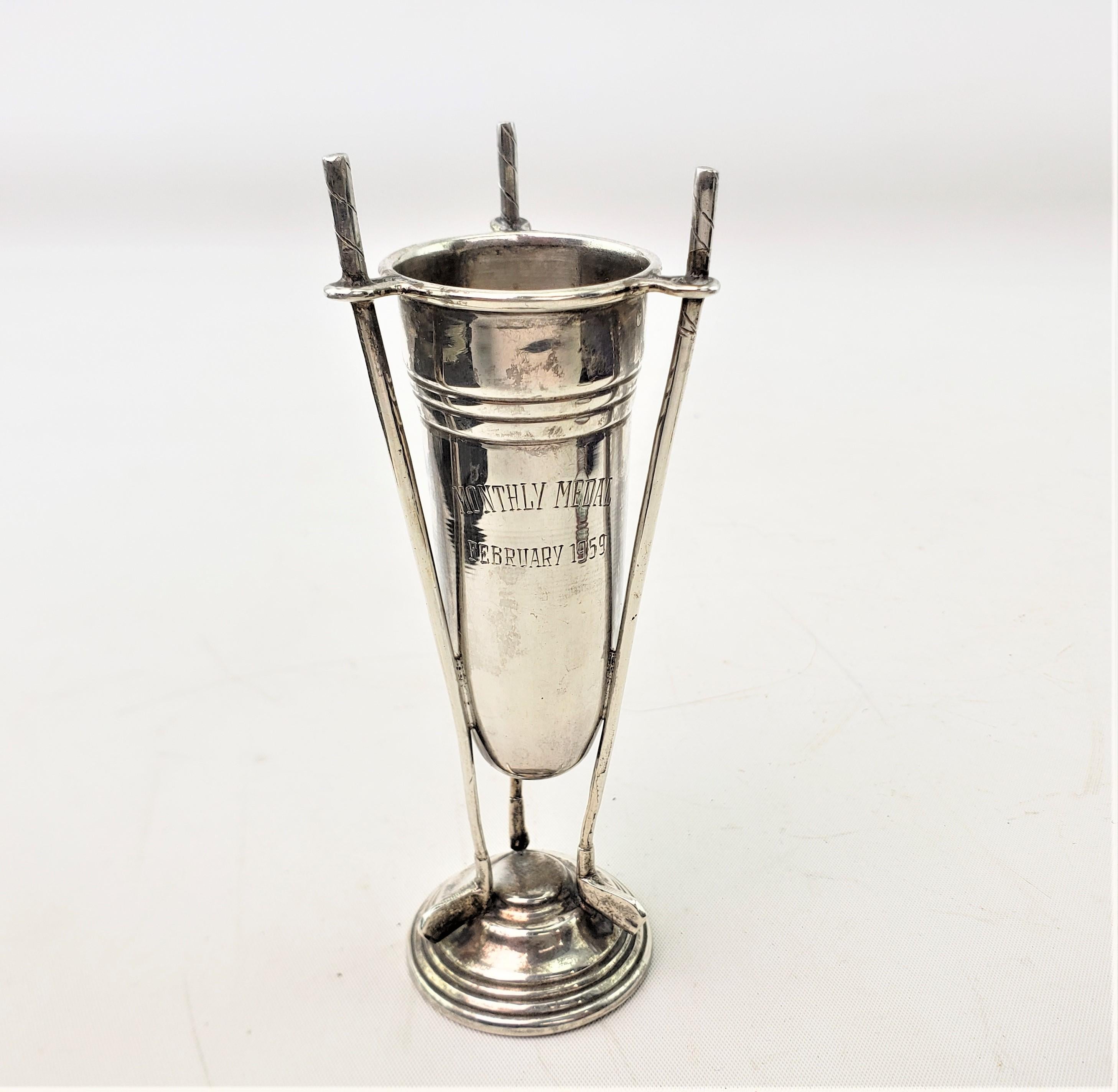 Midcentury Era Sterling Silver Miniature Golf Trophy with Figural Club Handles For Sale 3