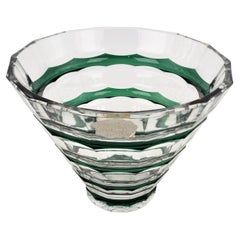 Mid-Century Era Val St. Lambert Clear & Green Banded Cut Crystal Vase or Bowl