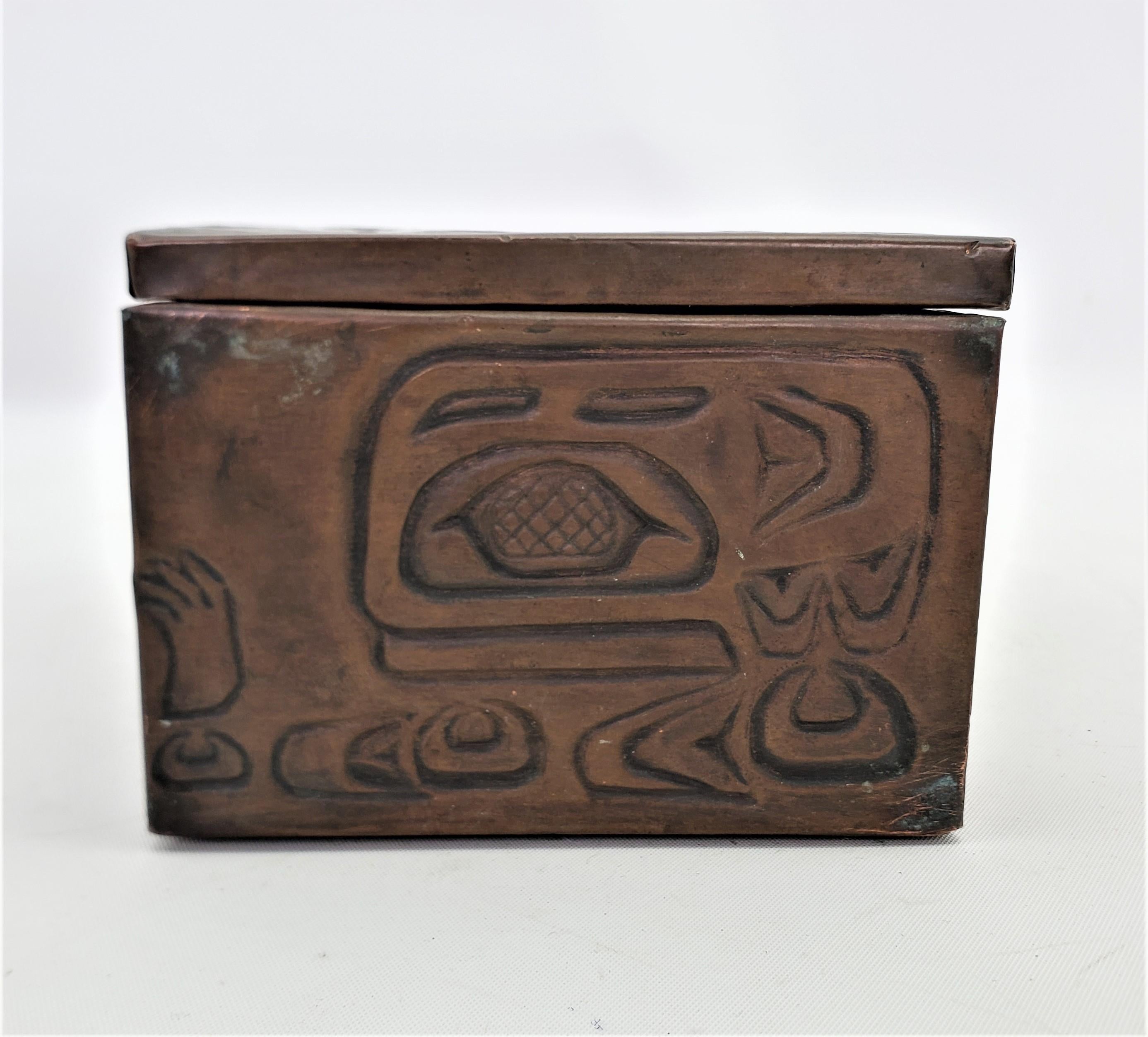 Mid-Century Era West Coast Haida Styled Copper Covered Box with Repouse Decor In Good Condition In Hamilton, Ontario