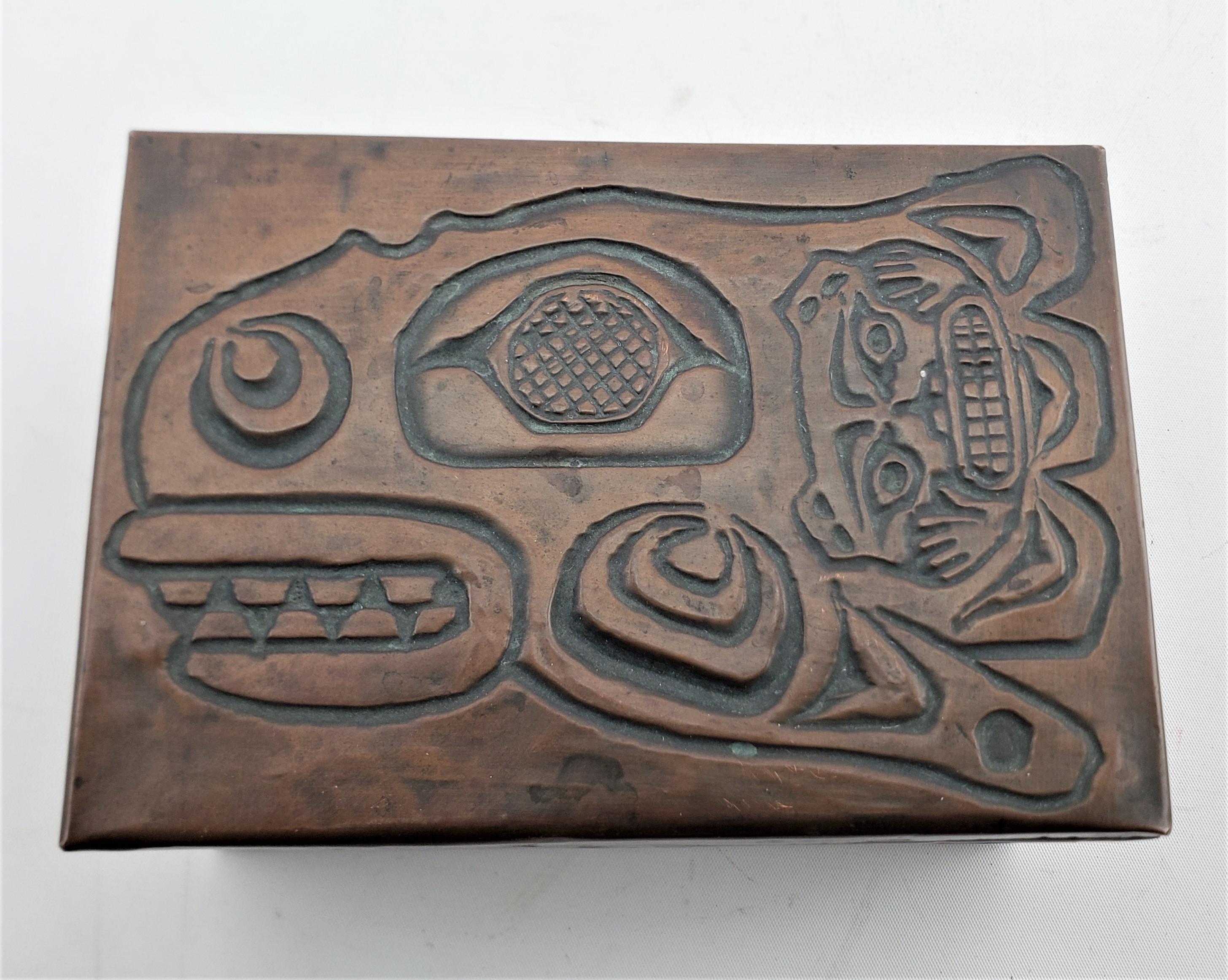 20th Century Mid-Century Era West Coast Haida Styled Copper Covered Box with Repouse Decor