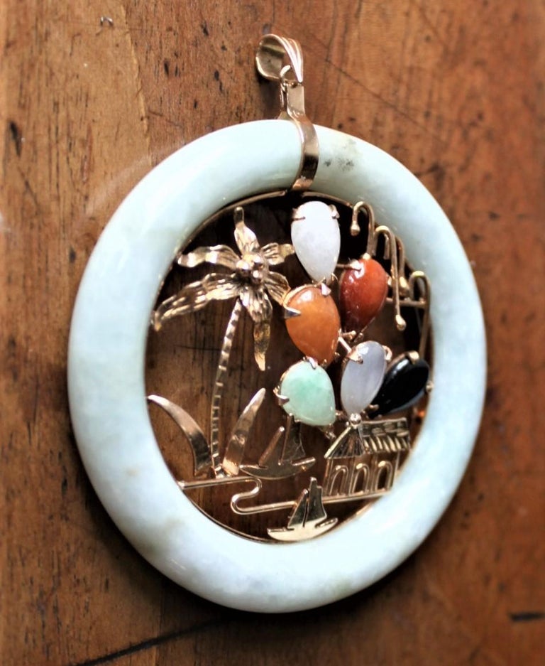 Pendentif Ancien En Or Jaune 14k 585 - Style Art Nouveau/Deco Avec Jade Blanc