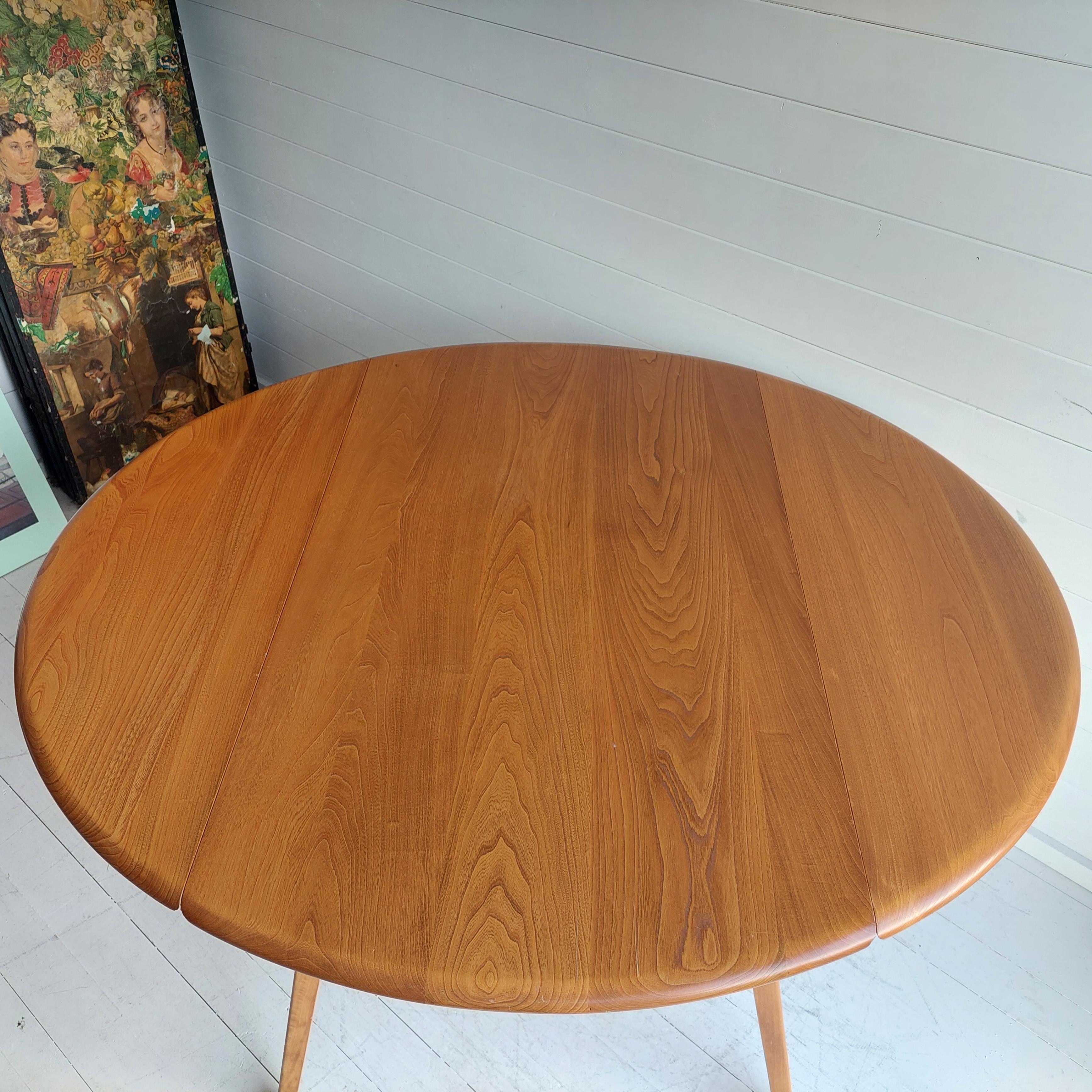Mid Century Ercol Blonde Beech & Elm Circular Drop Leaf Dining Table Model 384 2