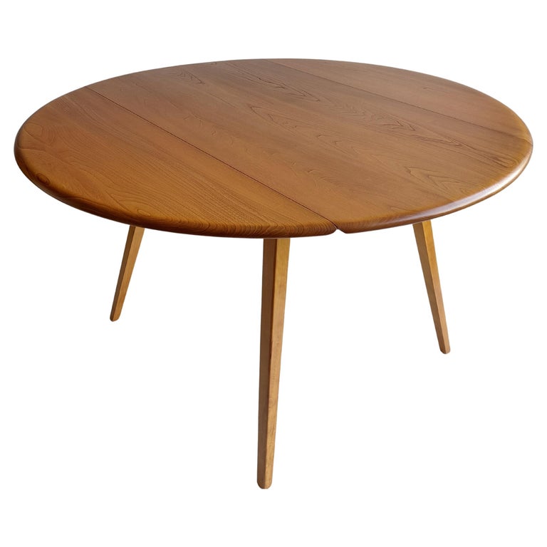 Mid Century Ercol Blonde Beech and Elm Circular Drop Leaf Dining Table