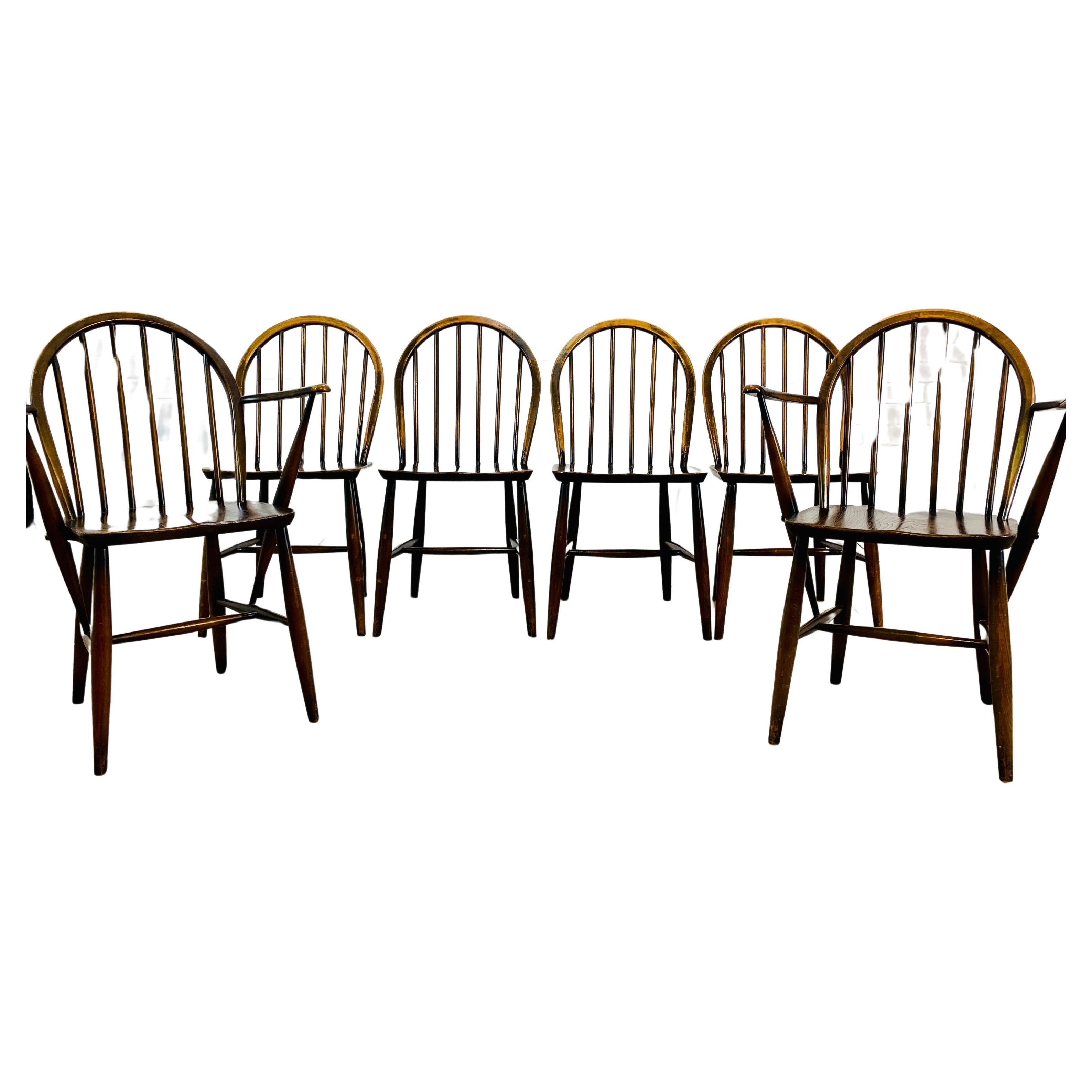 Mid Century Ercol Windsor Dining Chairs, 1960s, Set Of 6 (Including 2x Carvers)
