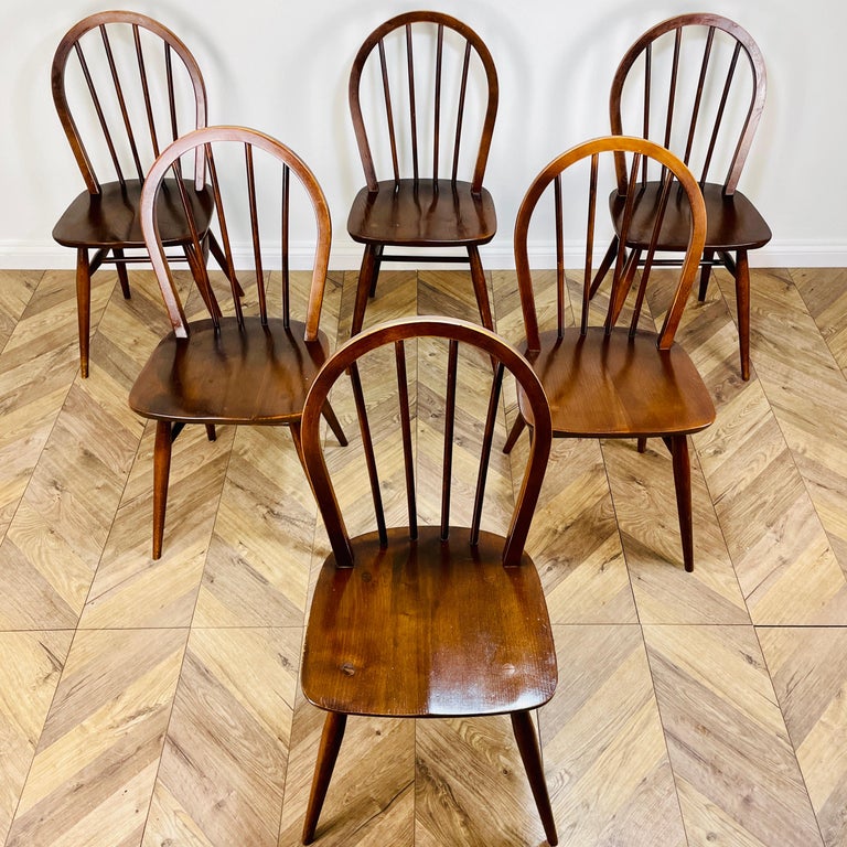 MidCentury Ercol Windsor Model 400 Chairs, 1950s, Set of 6 For Sale at