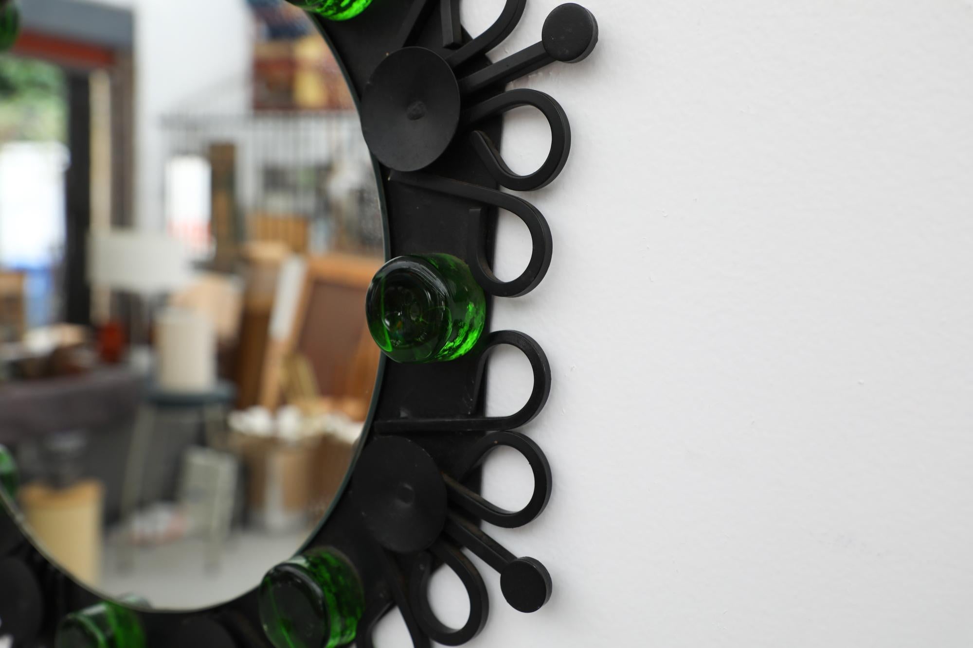 Mid-20th Century Mid-Century Eric Hoglund Style Wall Mirror with Iron Frame & Green Swedish Glass For Sale