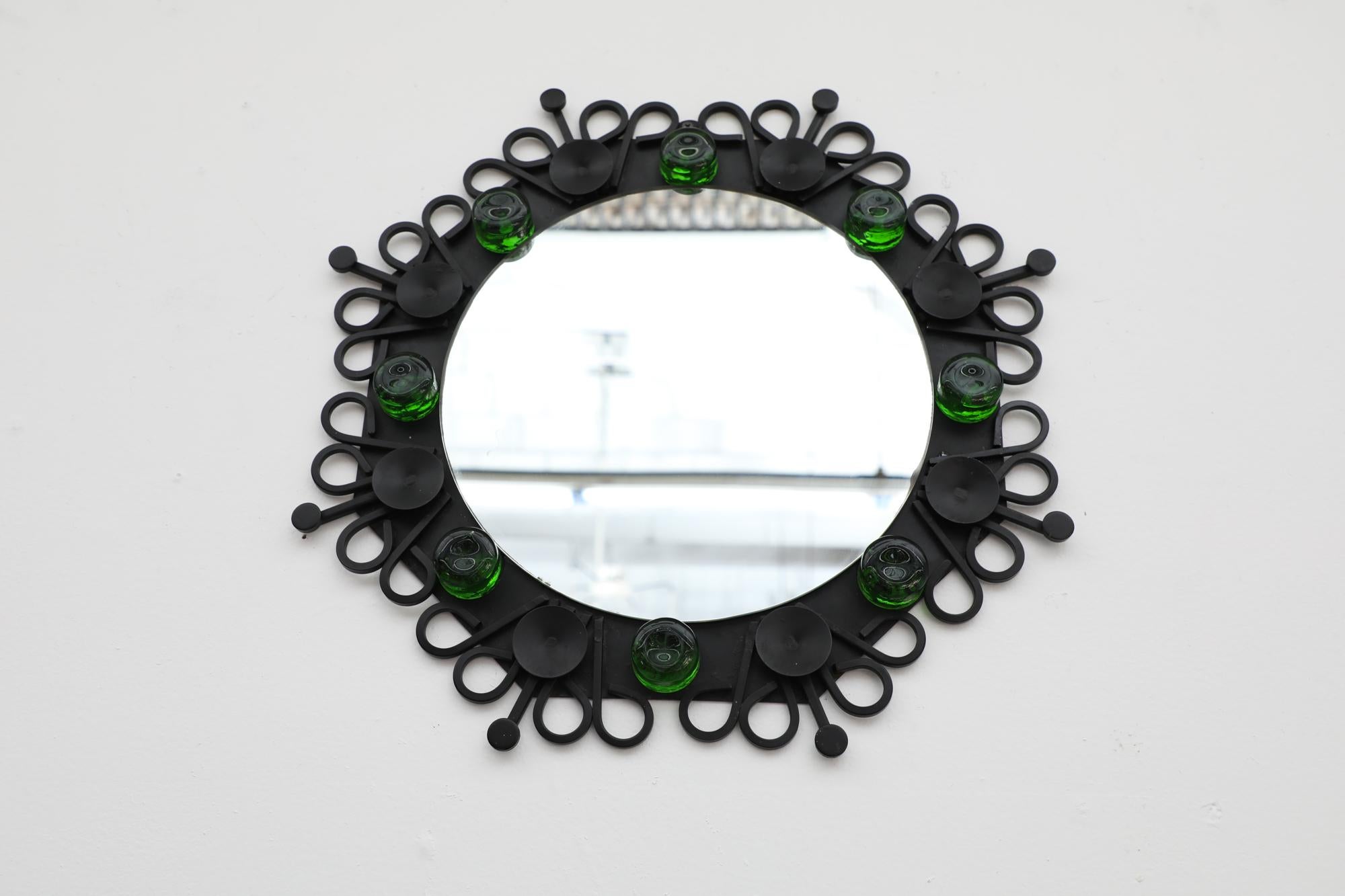 Mid-Century Eric Hoglund Style Wall Mirror with Iron Frame & Green Swedish Glass For Sale 2