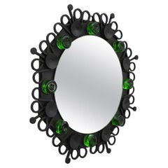 Mid-Century Eric Hoglund Style Wall Mirror with Iron Frame & Green Swedish Glass