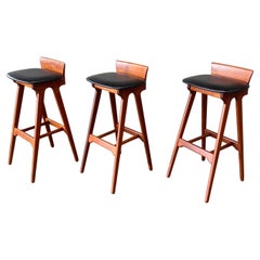 Mid Century Erik Buch Bar Stools Teak and Leather Denmark 1960s RARE