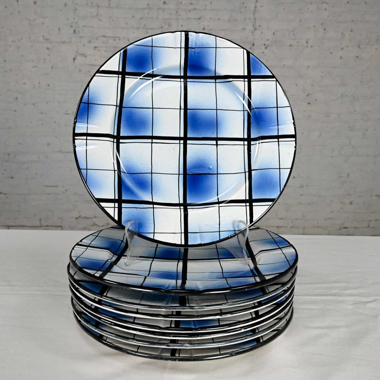 Mid Century Erphila Edinburgh Blue Plaid Pottery Dinner Plates Made in Italy Set For Sale 9