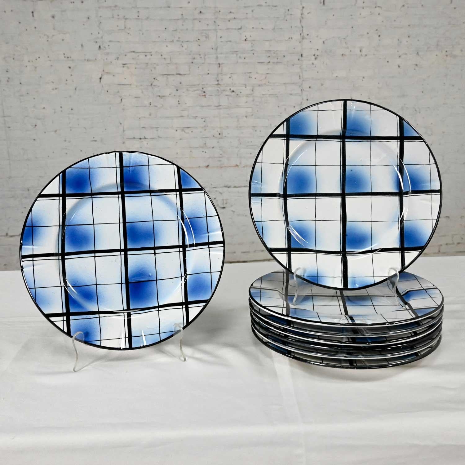 Mid Century Erphila Edinburgh Blue Plaid Pottery Dinner Plates Made in Italy Set For Sale 10